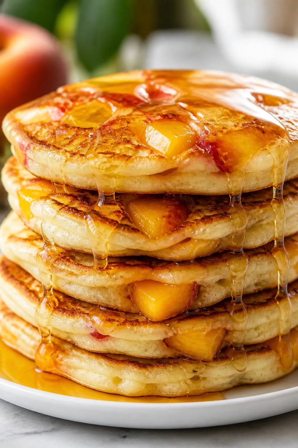 Stack of peach and honey pancakes with peach slices