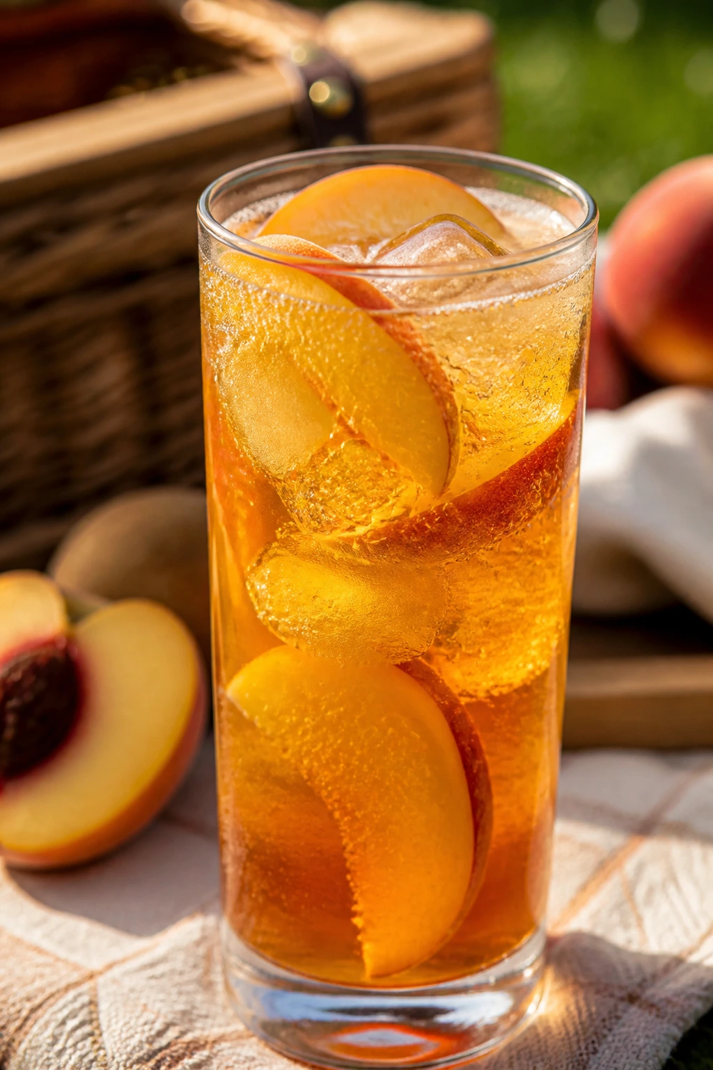 Peach iced tea sparkler in tall glass outdoors