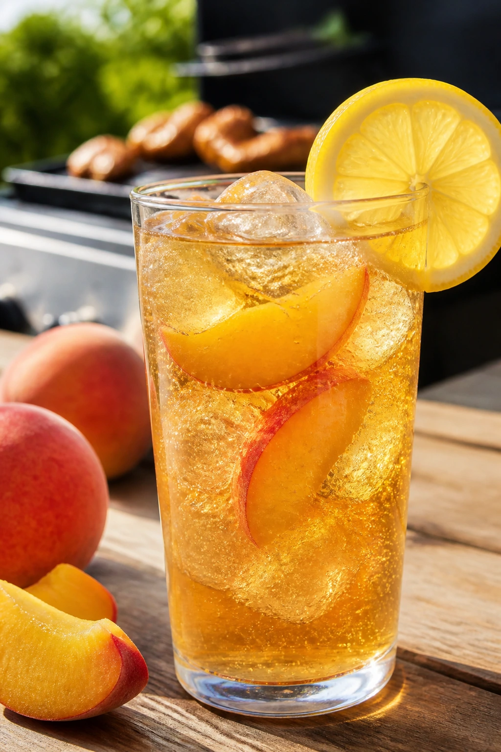 Glass of sparkling peach iced tea with peach slices on a sunny outdoor table