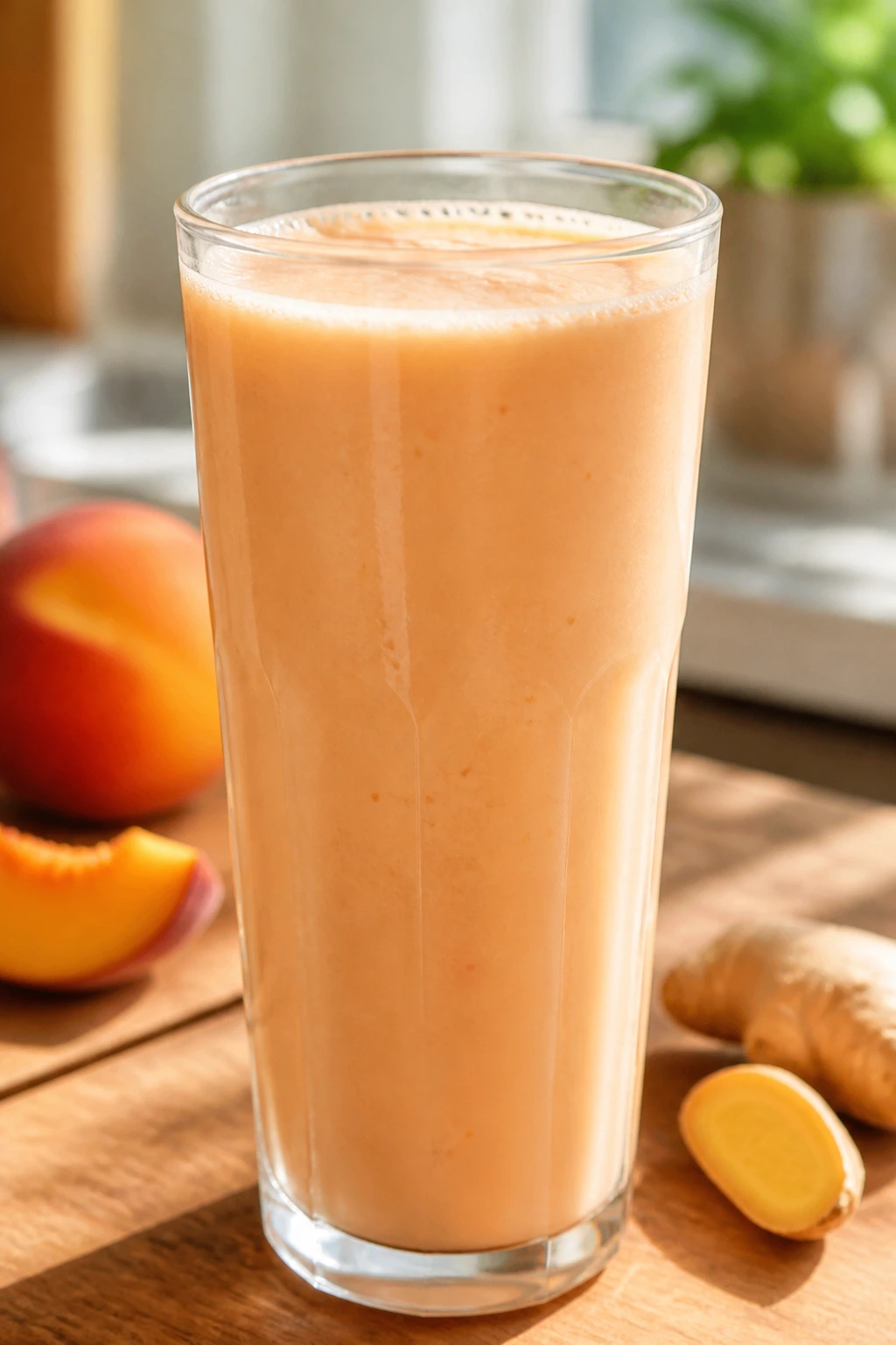 Close-up of a peach kefir smoothie in a glass on a sunlit kitchen counter