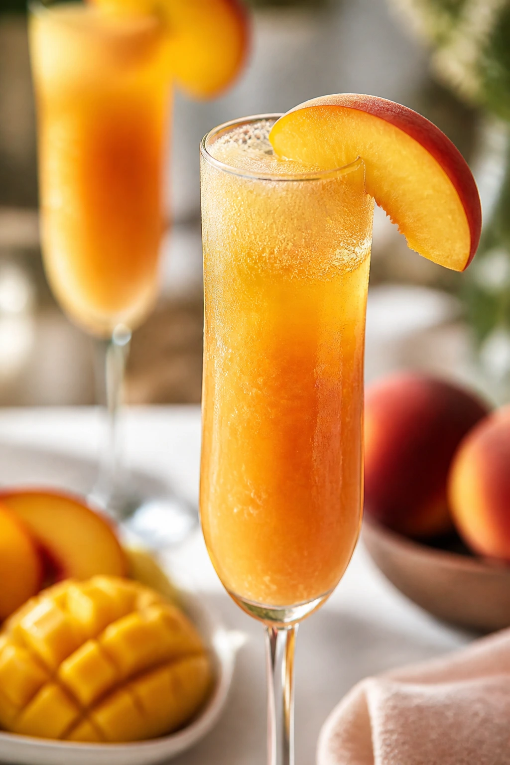 Close-up of a peach mango bellini in a flute with a peach slice garnish on a bright brunch table