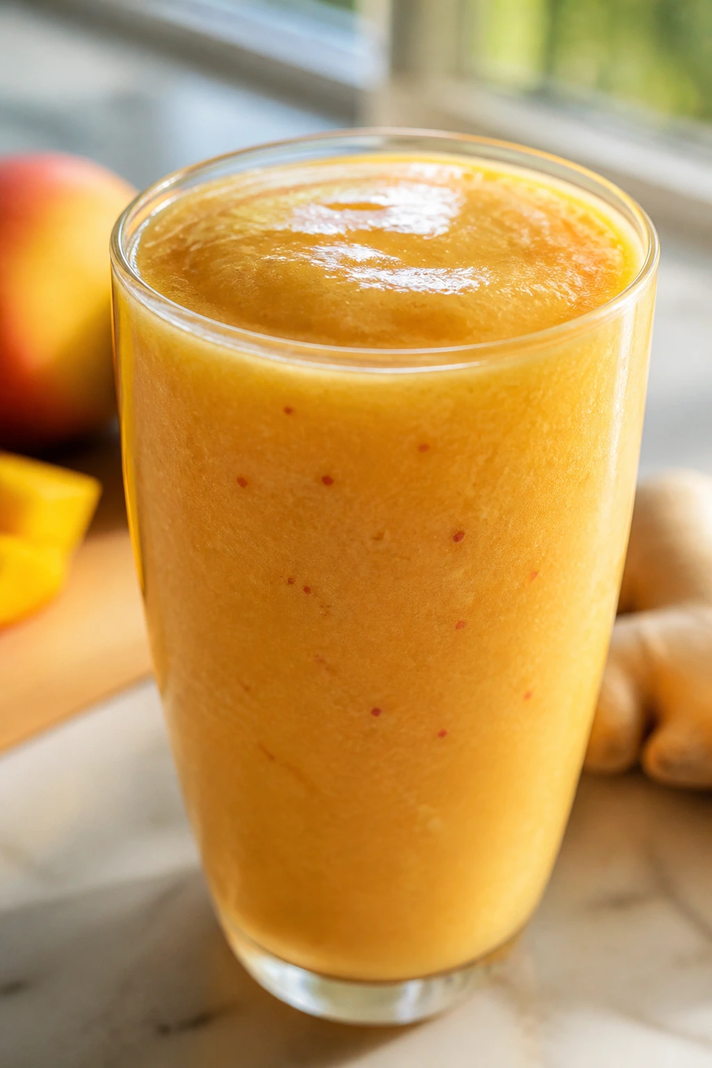 Close-up of peach mango ginger smoothie in glass on bright kitchen counter