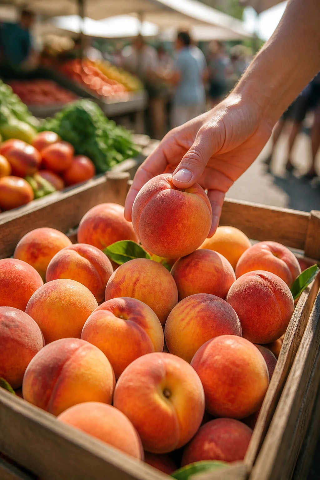 Hand selecting a ripe peach at a sunny farmers market