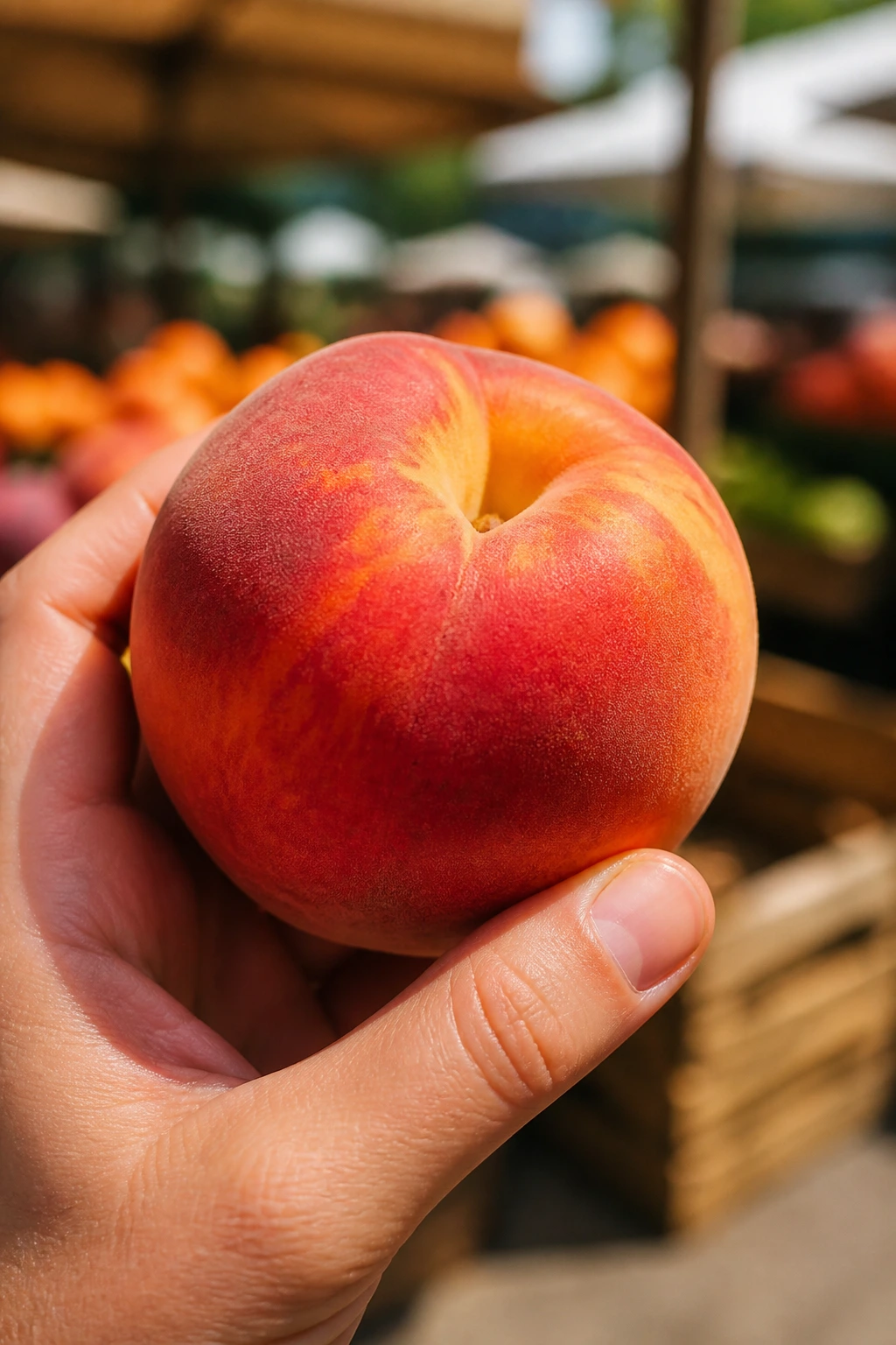 Ripe peach in hand against blurred market scene