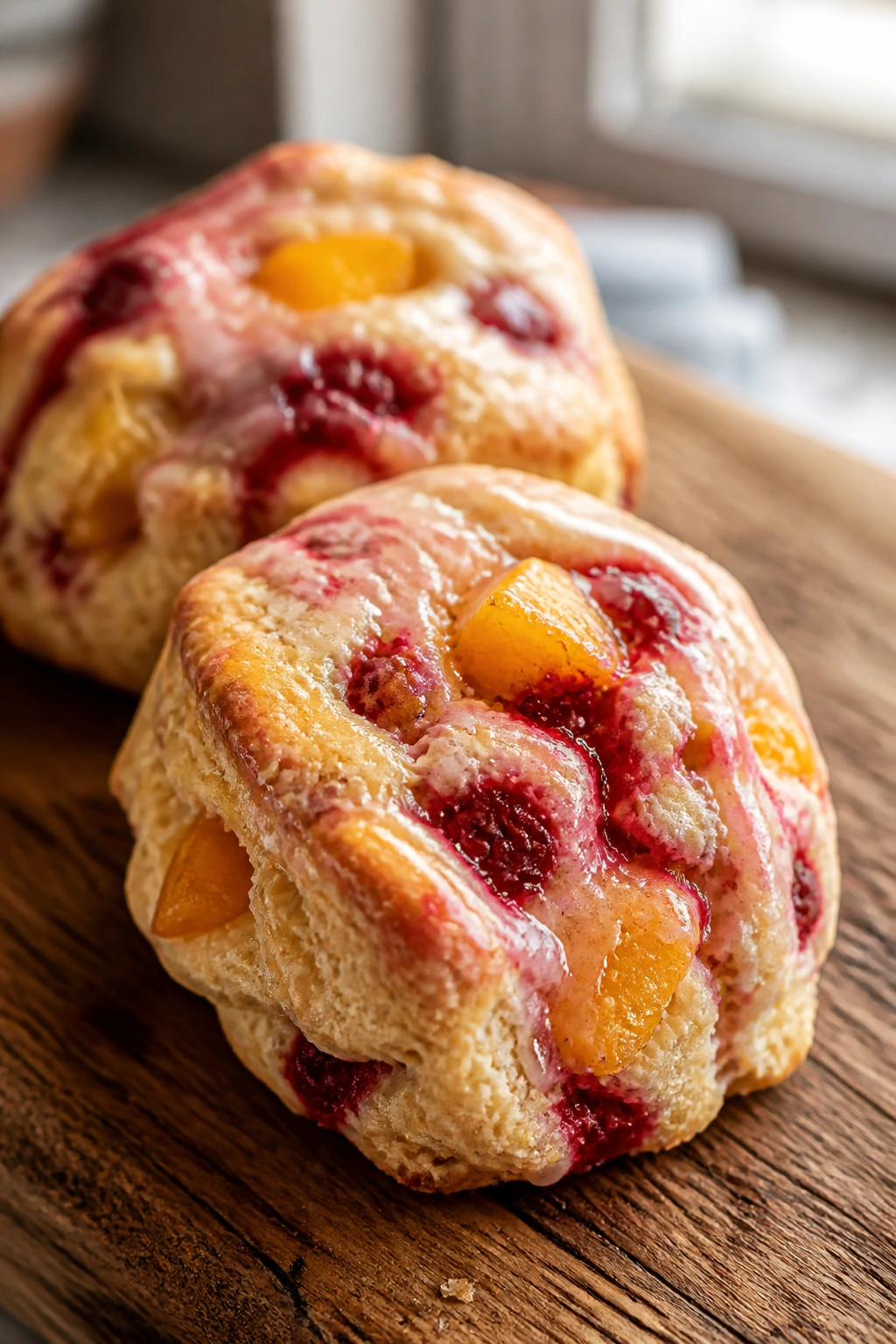 Close-up of peach Melba scones on a wooden board with peaches and raspberries.
