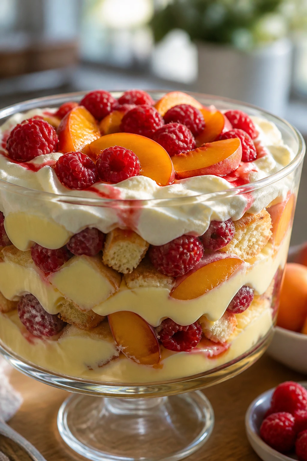 Close-up of Peach Melba Trifle in glass bowl showing layered peaches, raspberries, custard