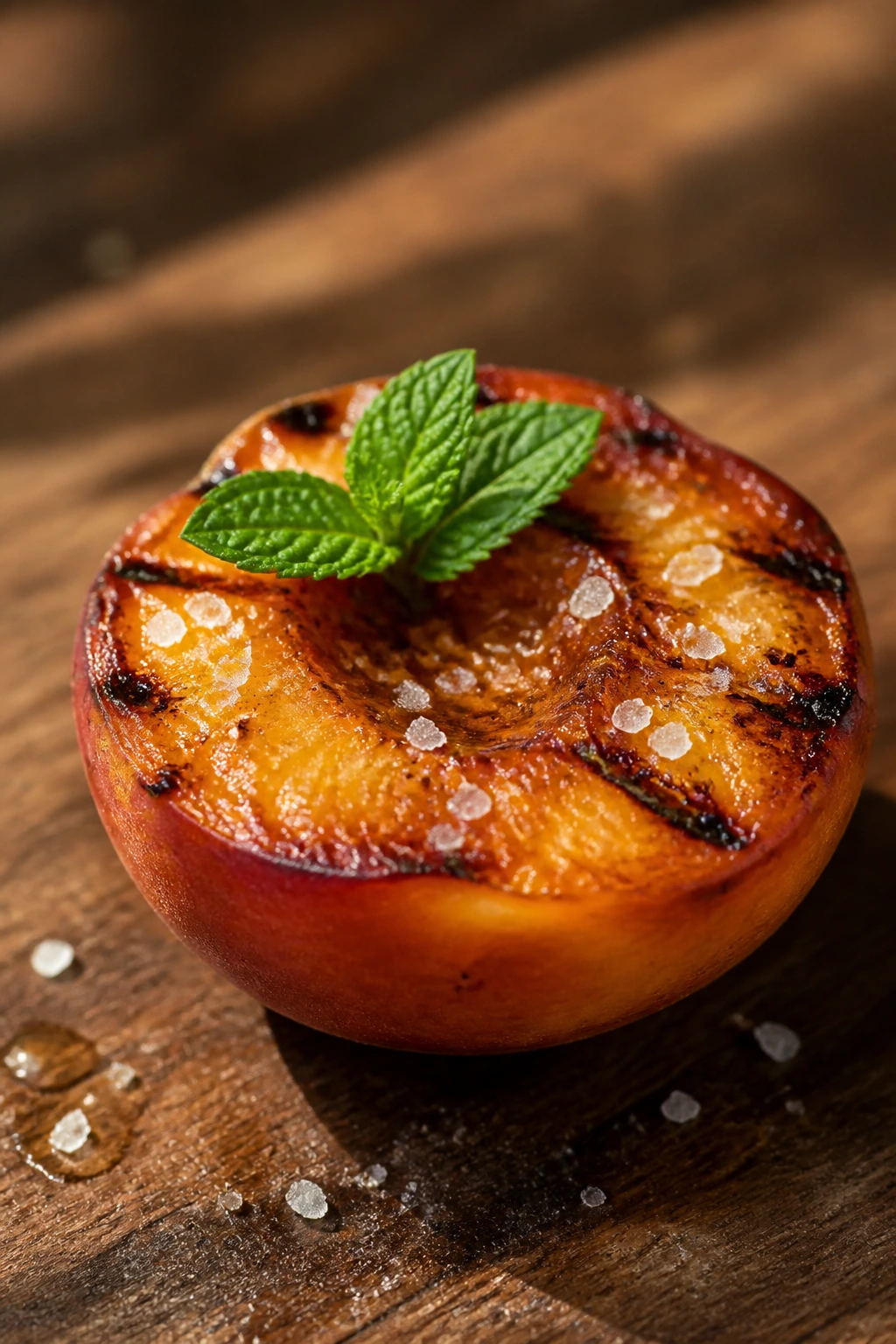 Grilled peach with mint and flaky salt on wood