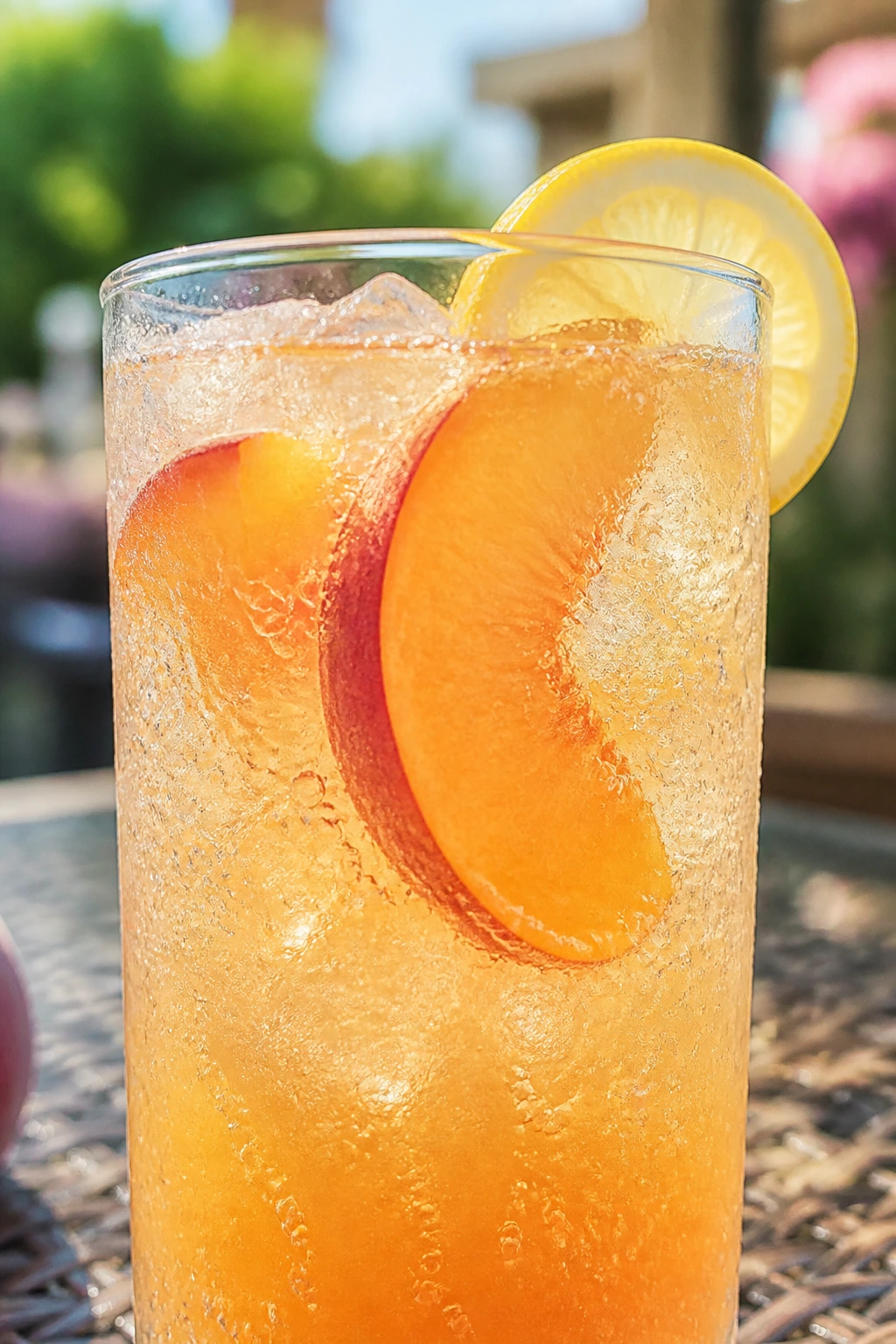 Close-up of peach lemon fizz in a glass with peach hue