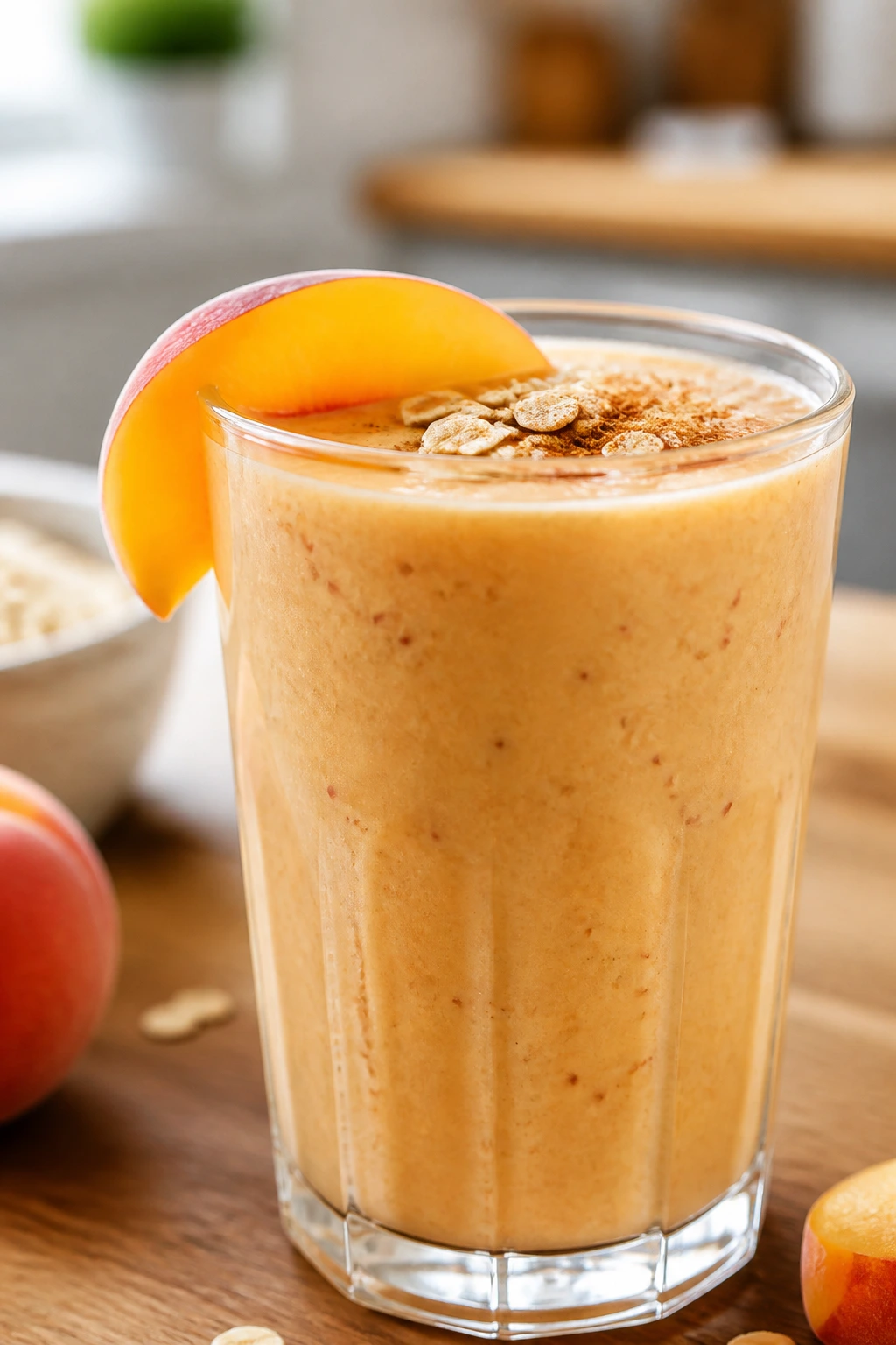Peach oat smoothie in a glass on a warm wooden table