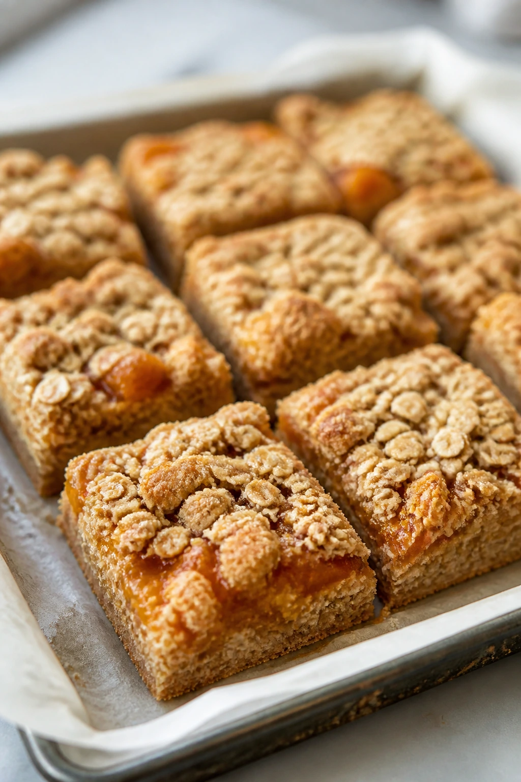 Peach oatmeal bars sliced into neat squares on parchment.