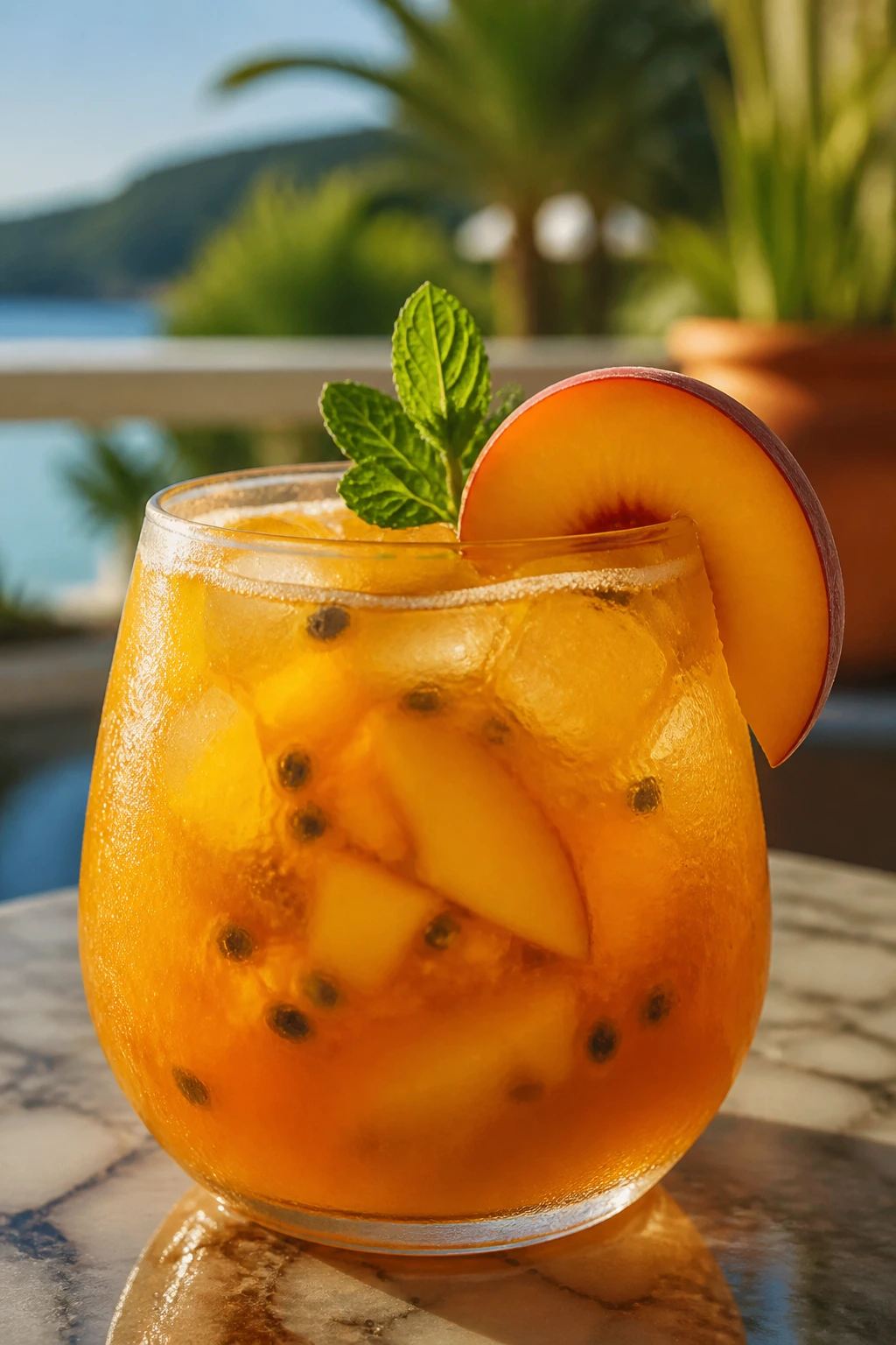 Close-up of peach-passion rum punch in a glass with peach slice on rim