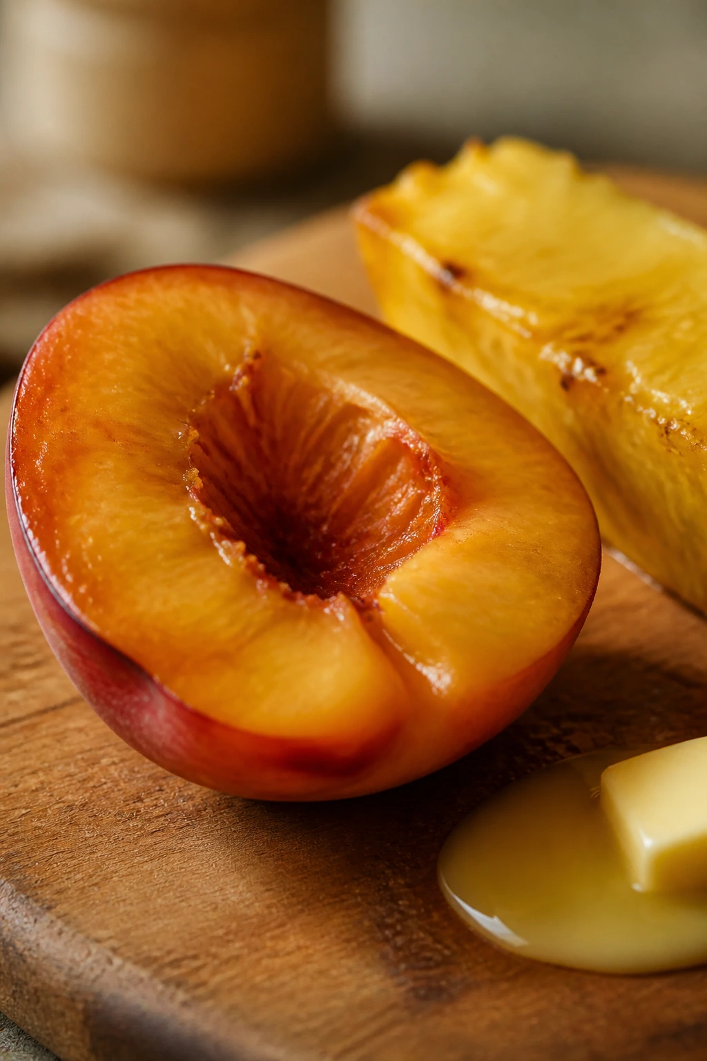 Close-up of a ripe peach half with pineapple spear and butter on a wooden board