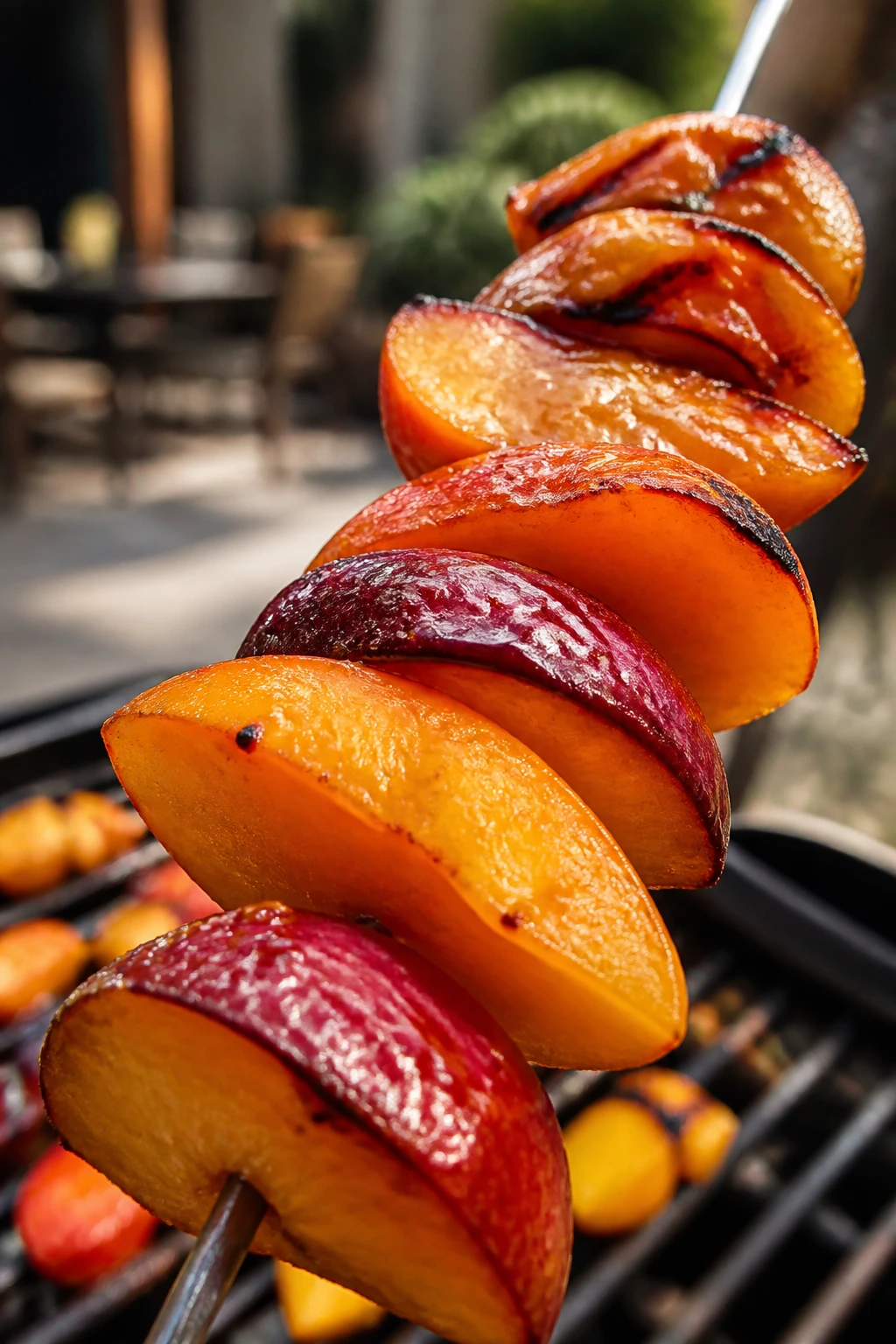 Close-up of peach, plum, and apricot skewers with honey glaze on grill