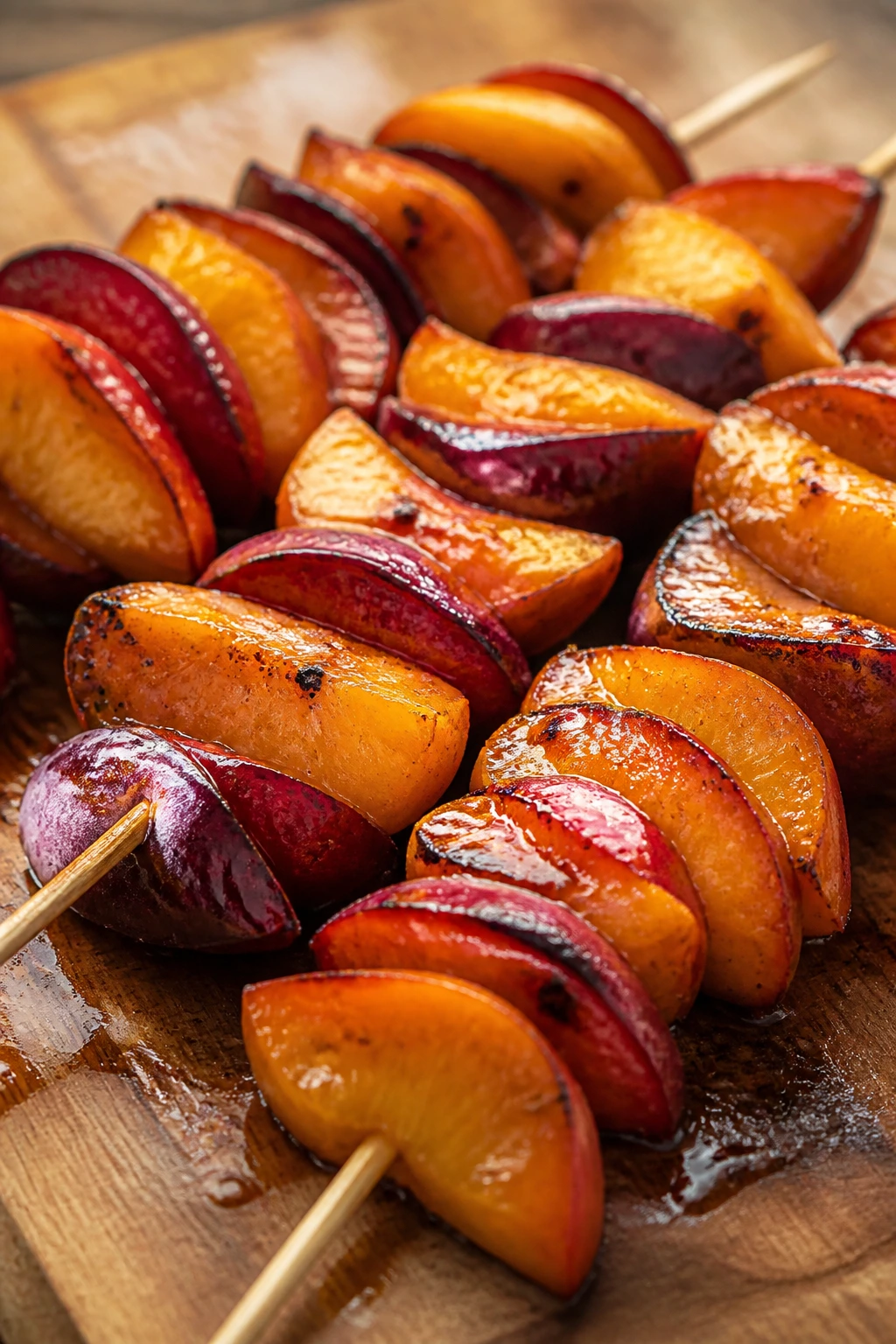 Peach and plum kebabs with vanilla-cardamom glaze on wooden board under sunset light