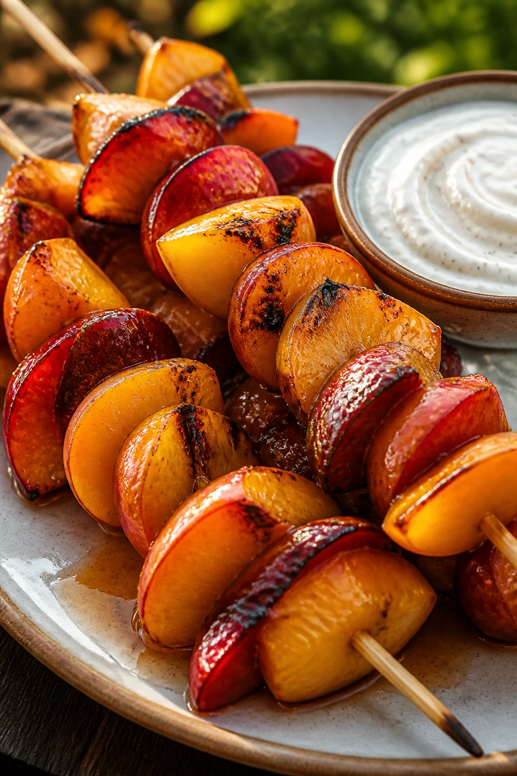 Close-up grilled peach and plum kebabs with vanilla yogurt dip