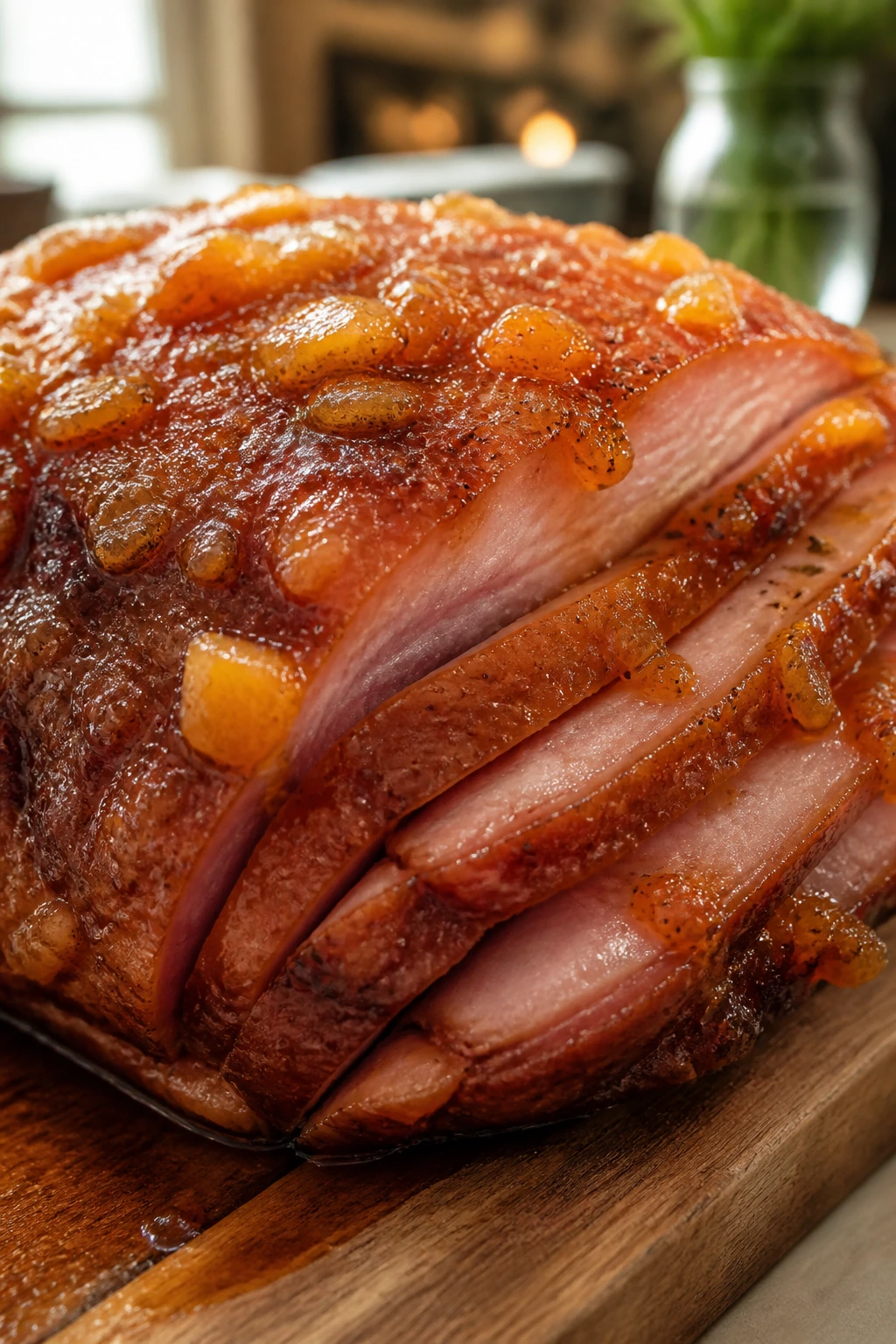 Close-up of peach preserves bourbon glazed ham on a wooden cutting board
