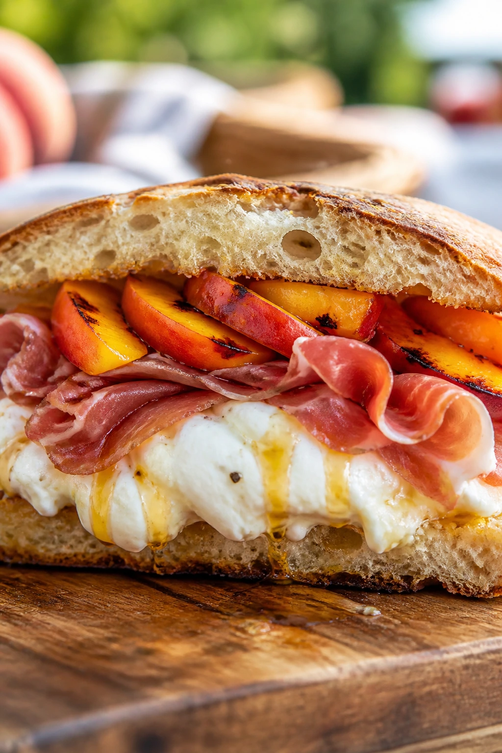 Close-up of peach prosciutto burrata sandwich showing peaches and burrata filling