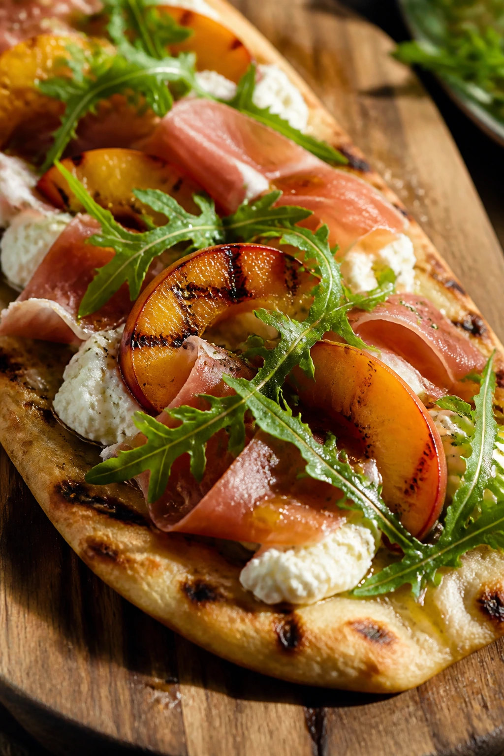 Grilled peach and prosciutto flatbread on wooden board