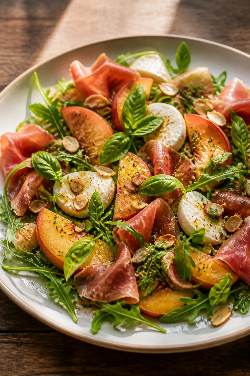 Close-up of Peach Prosciutto Mozzarella Arugula Salad on a plate with basil and nuts.