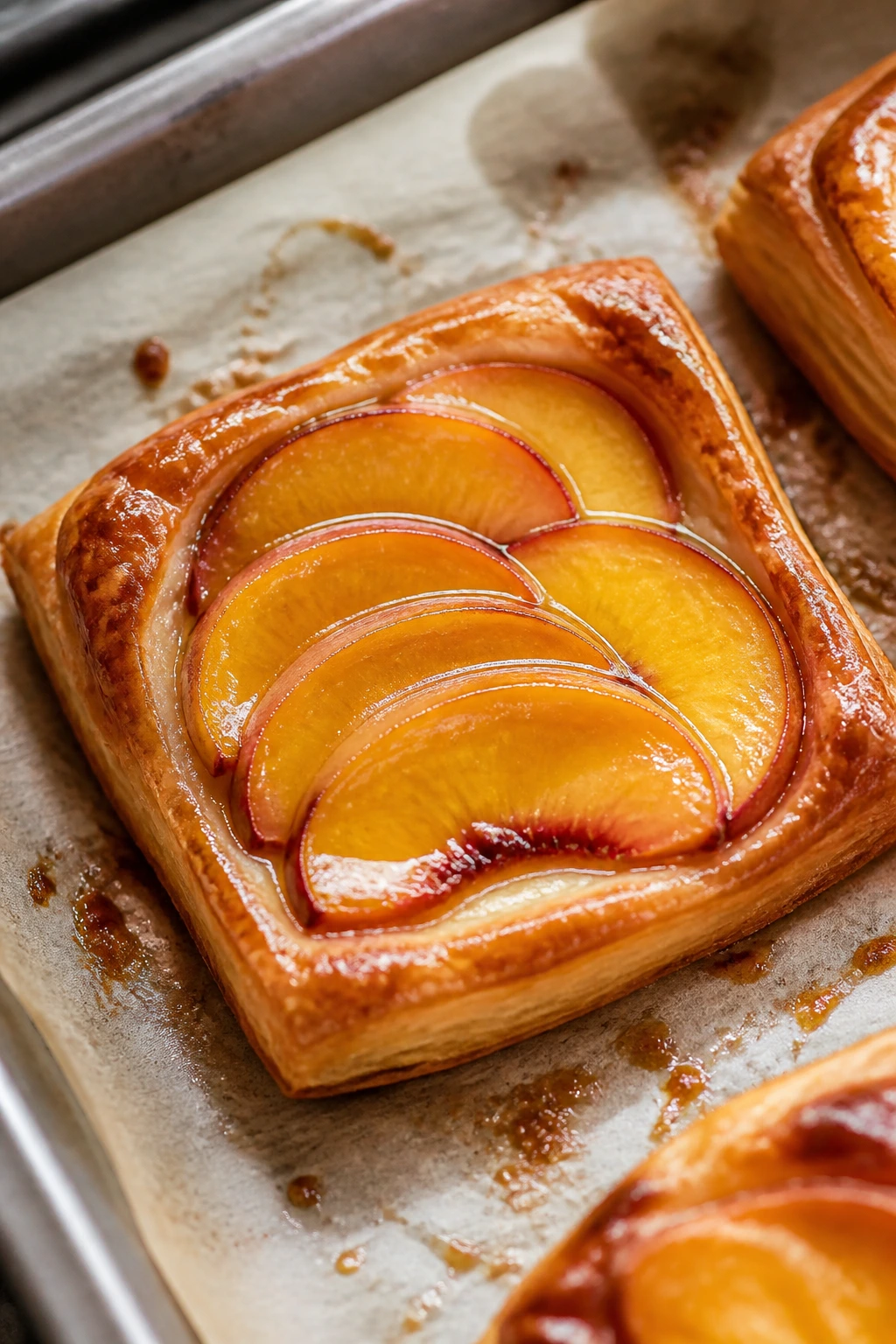 Close-up of a peach puff pastry tart with fanned peach slices and glossy glaze on parchment