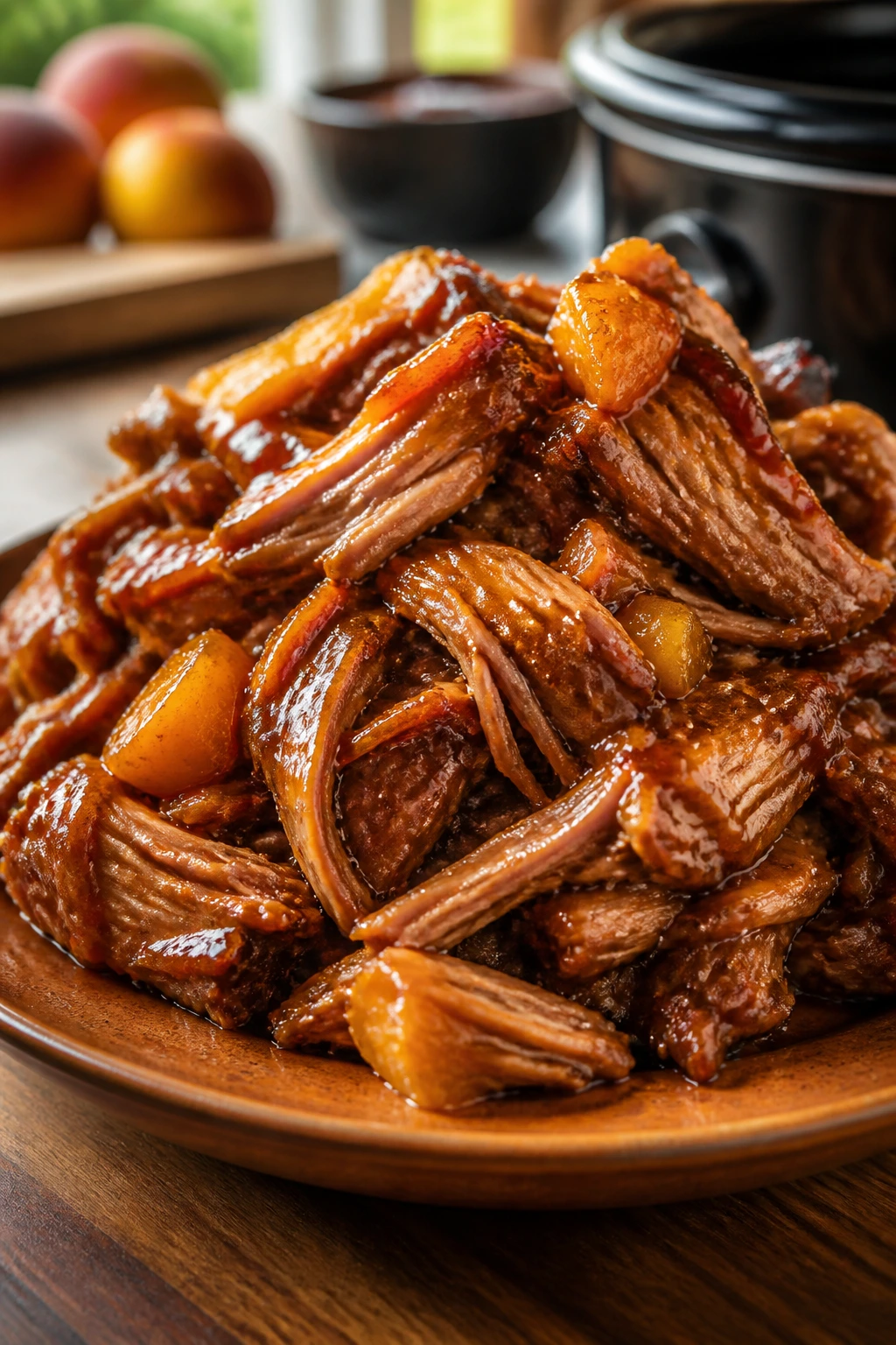 Close-up of glossy peach BBQ pulled pork on a rustic plate