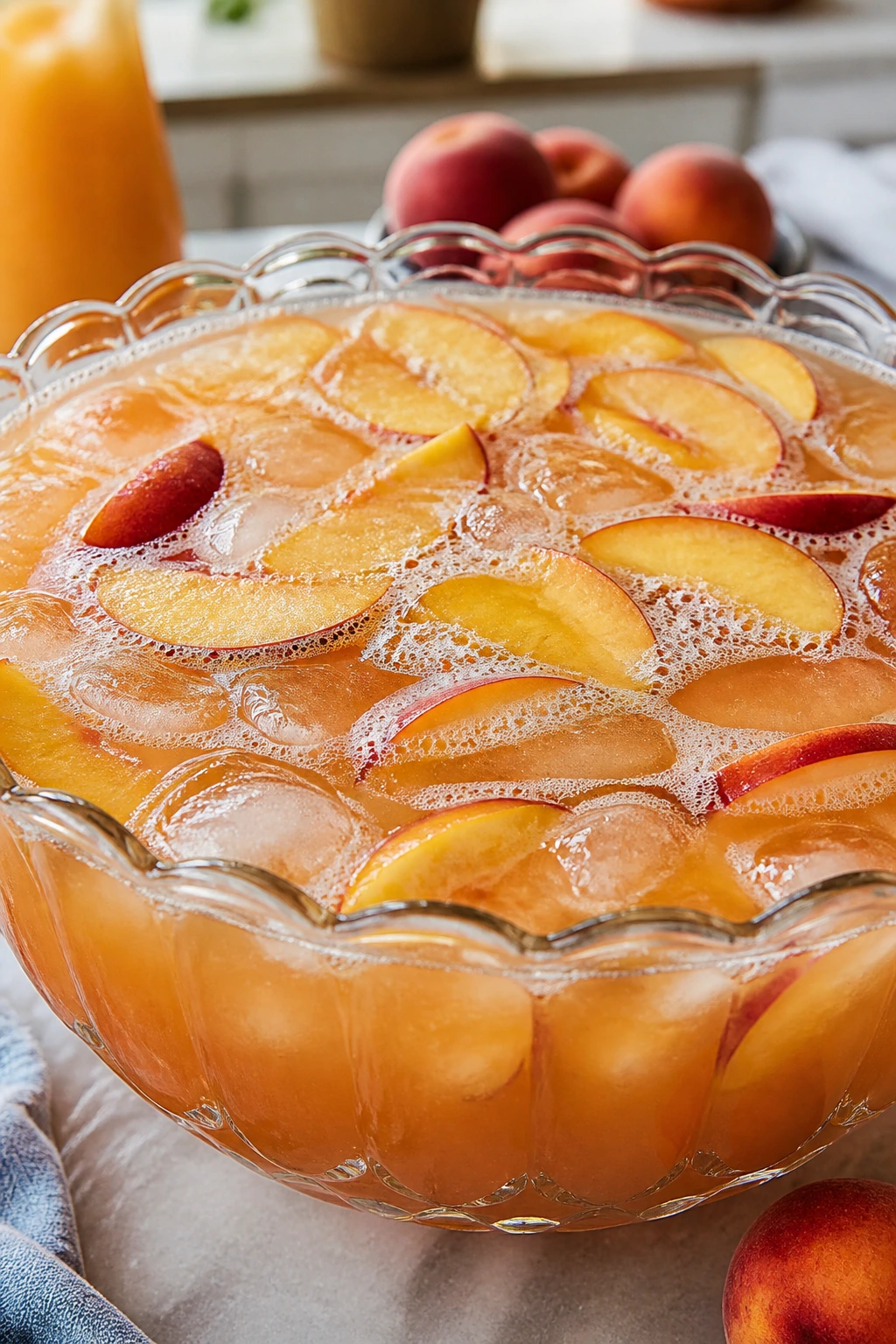 Peach-toned punch with peach slices changing the mood of the bowl