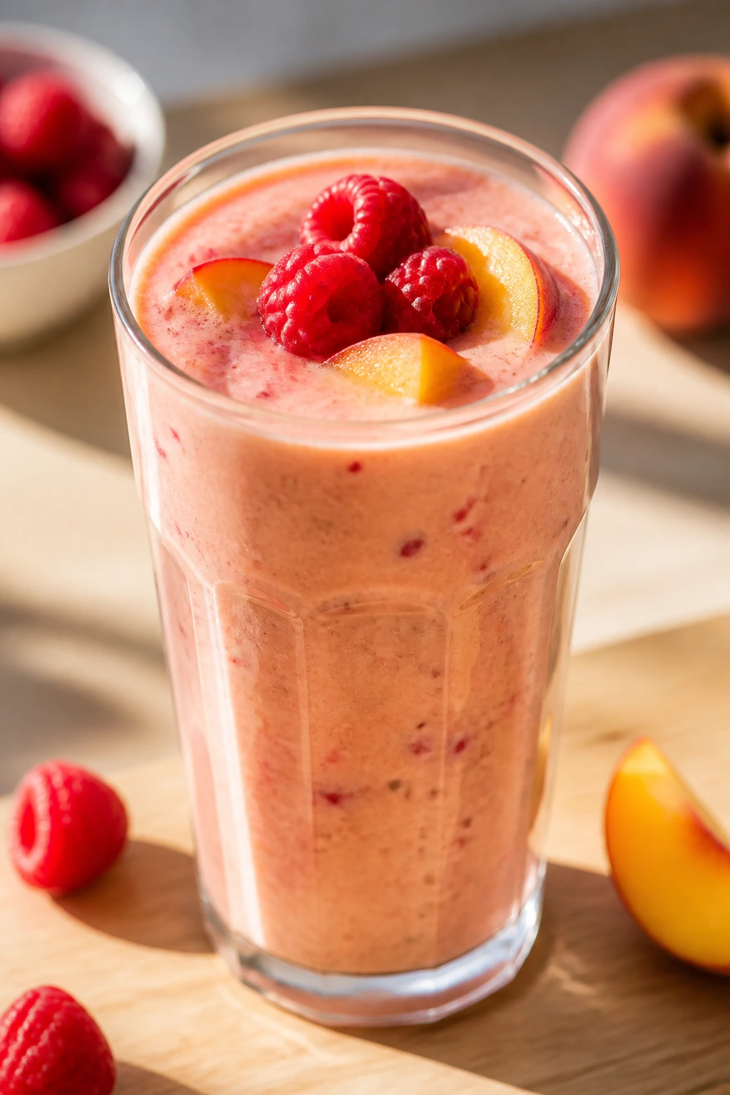 Close-up of Peach Raspberry Cottage Cheese Smoothie in a glass on a sunny kitchen counter