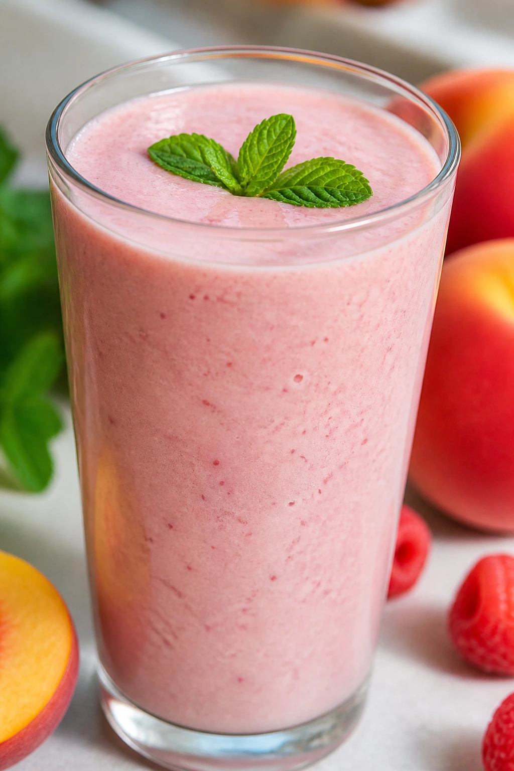 Creamy peach raspberry smoothie in a glass with mint on top