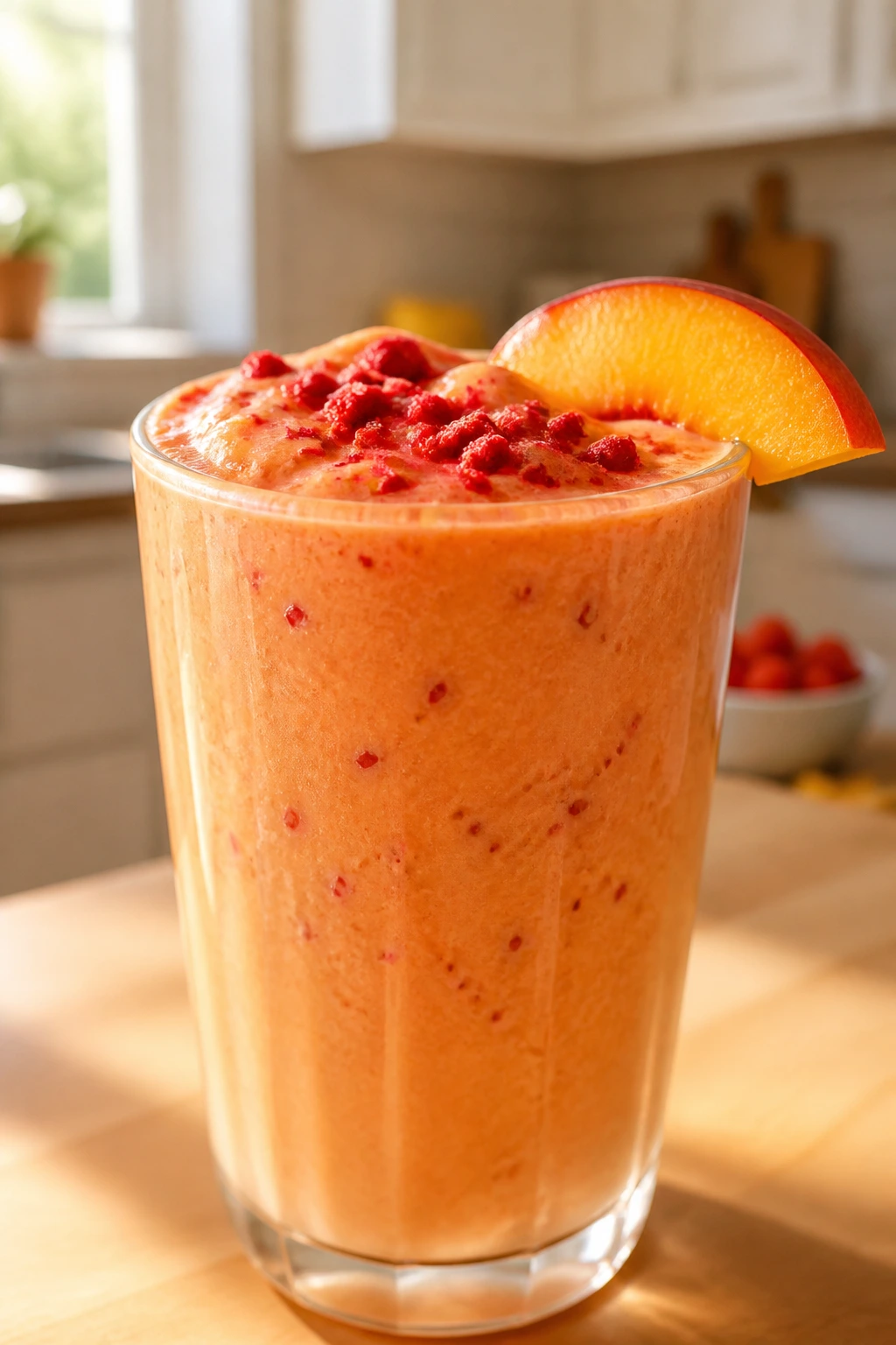 Peach Melba smoothie in glass with raspberry crumb topping and peach slice