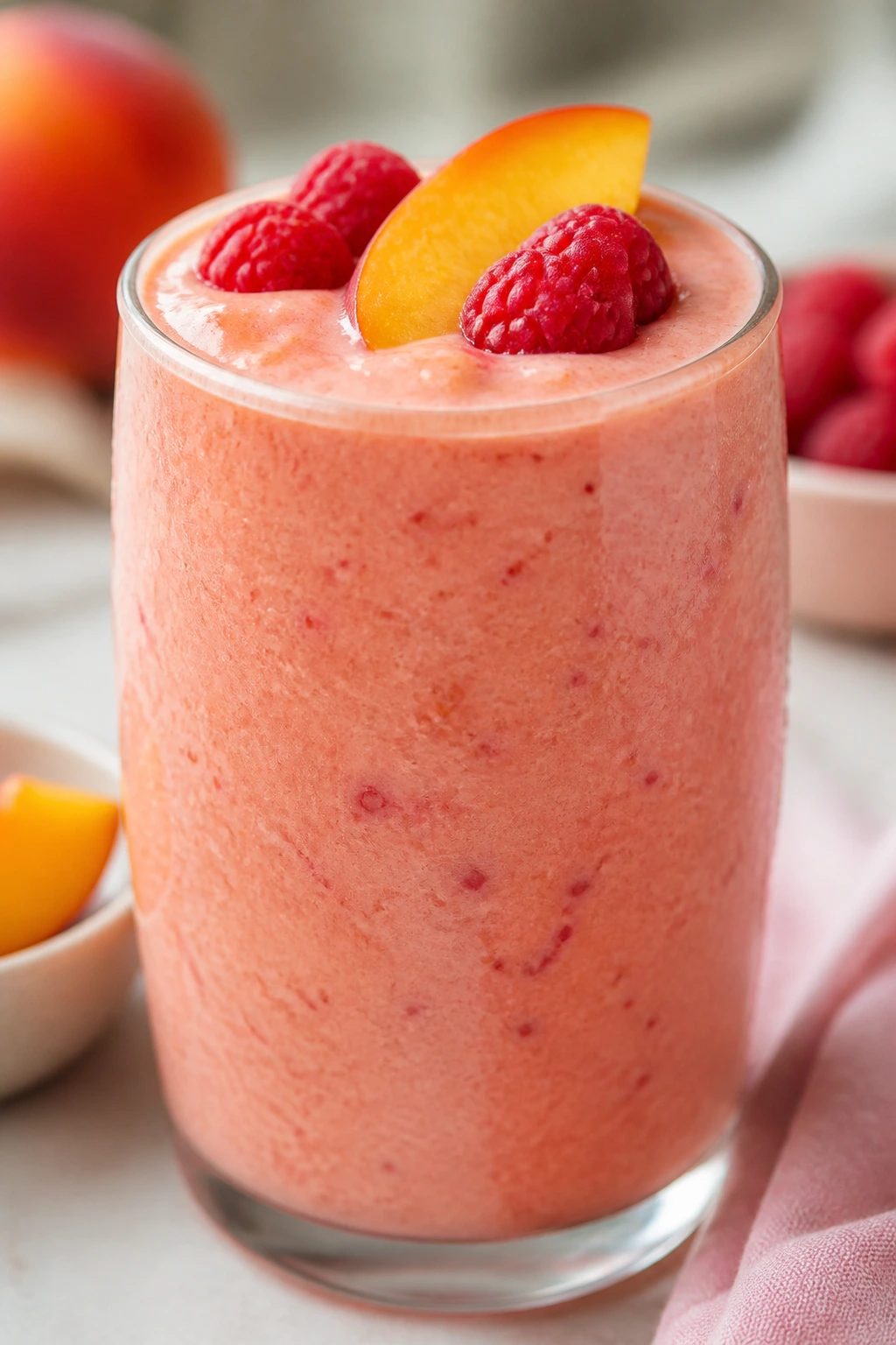 Close-up of peach raspberry yogurt smoothie in a glass.