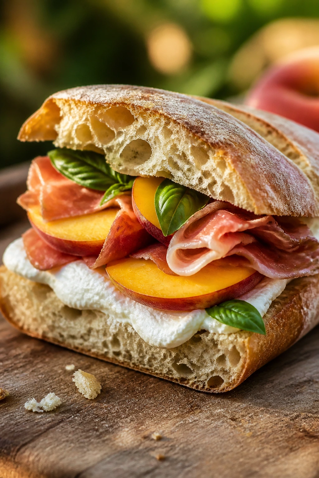 Close-up of Peach Ricotta Prosciutto Sandwich showing peach slices, ricotta, prosciutto on ciabatta