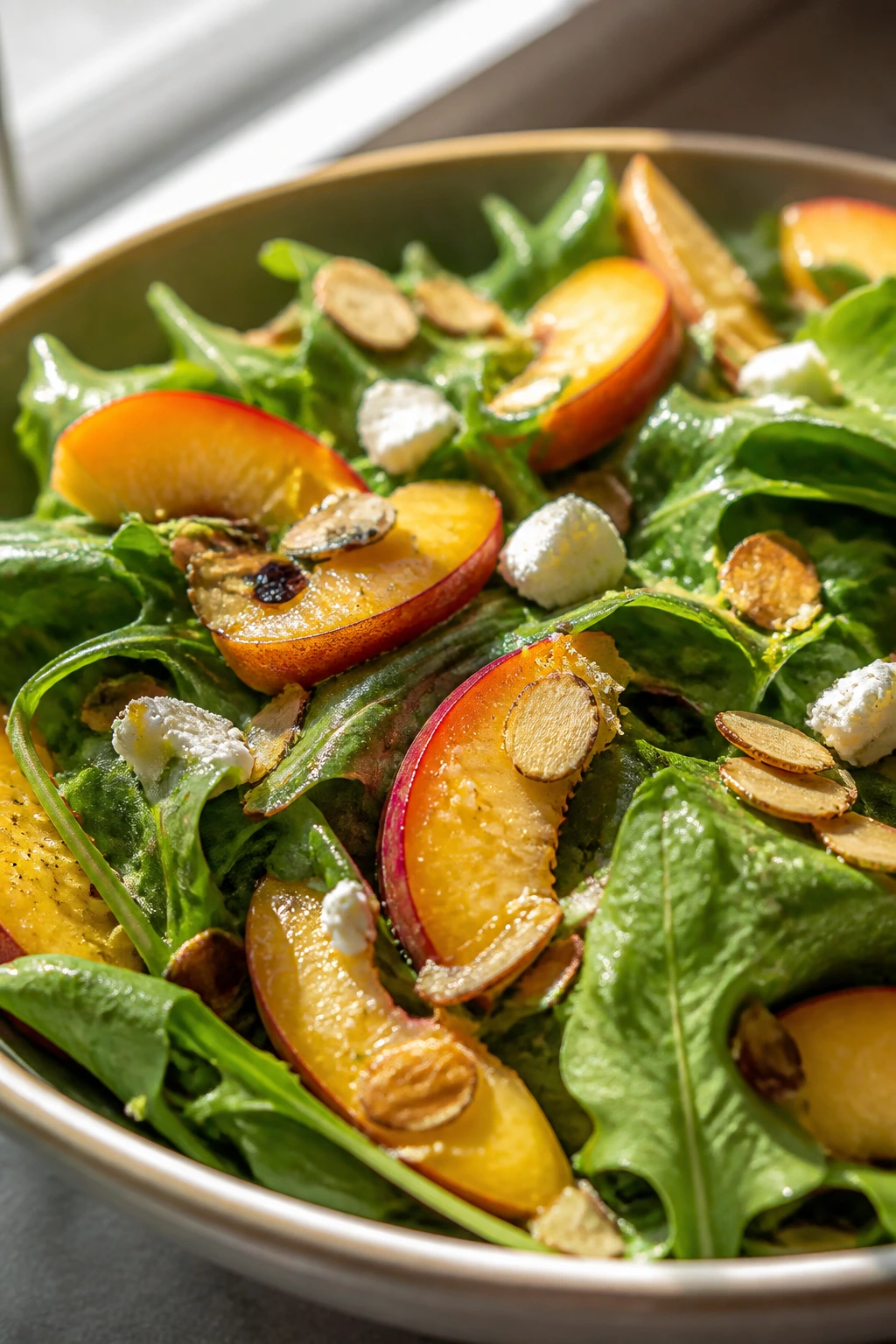 Close-up of almond-topped peach salad with lemon zest dressing on greens