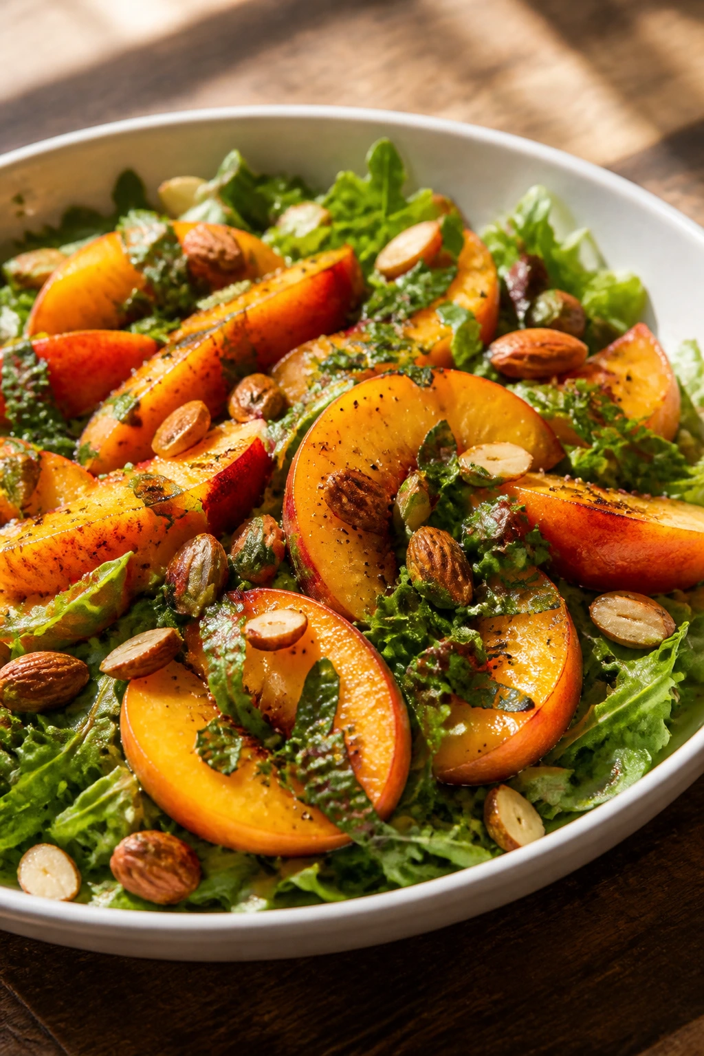 Close-up of peach salad in a wide shallow bowl with peaches on greens, almonds, basil, and pepper under warm light