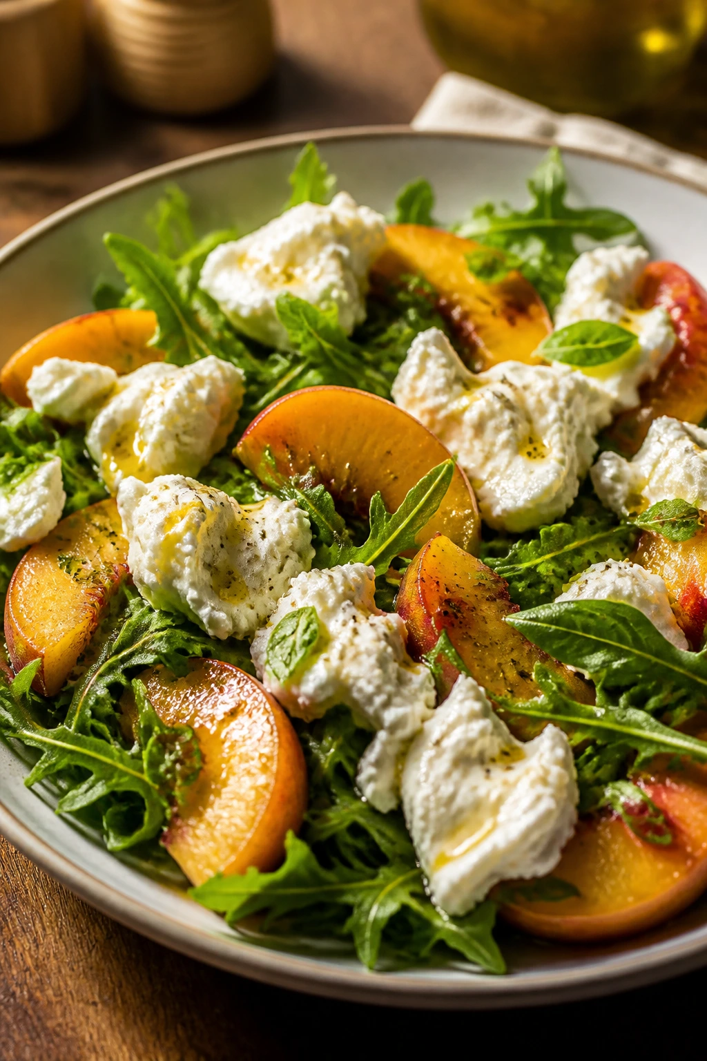 Peach salad with burrata topping on a plate