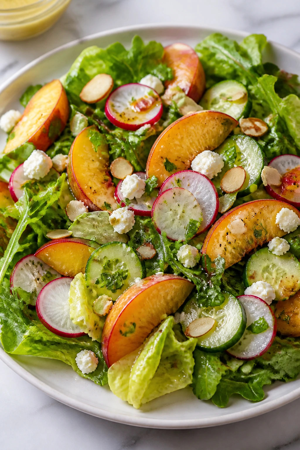Plate of Crisp Peach Salad with peaches greens cucumber radish feta almonds and herbs with vinaigrette