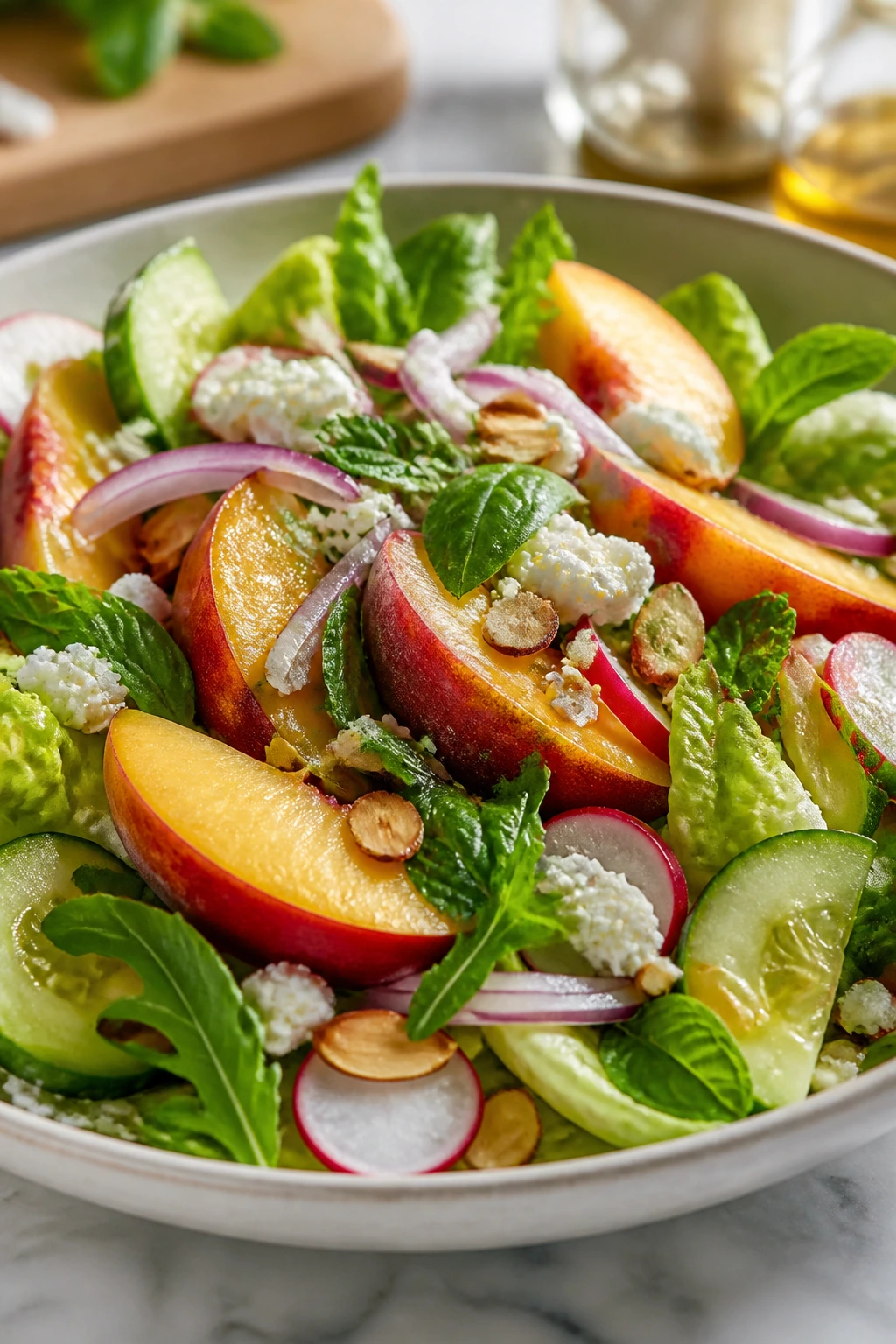 Peach salad bowl with peaches, greens, cucumber, radish, onion, feta, almonds and herbs
