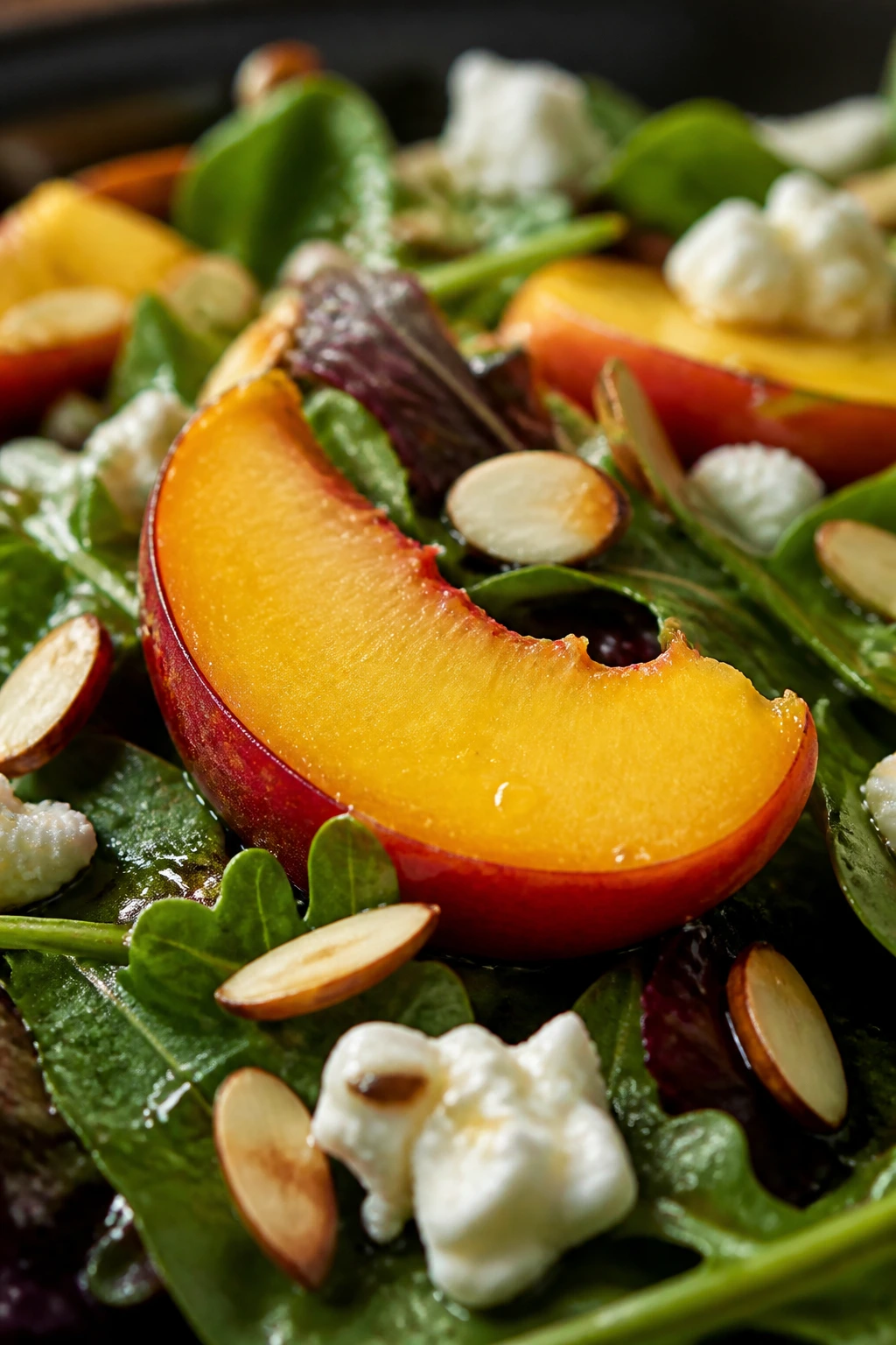 Macro peach wedge on greens with feta and almonds in a peach salad