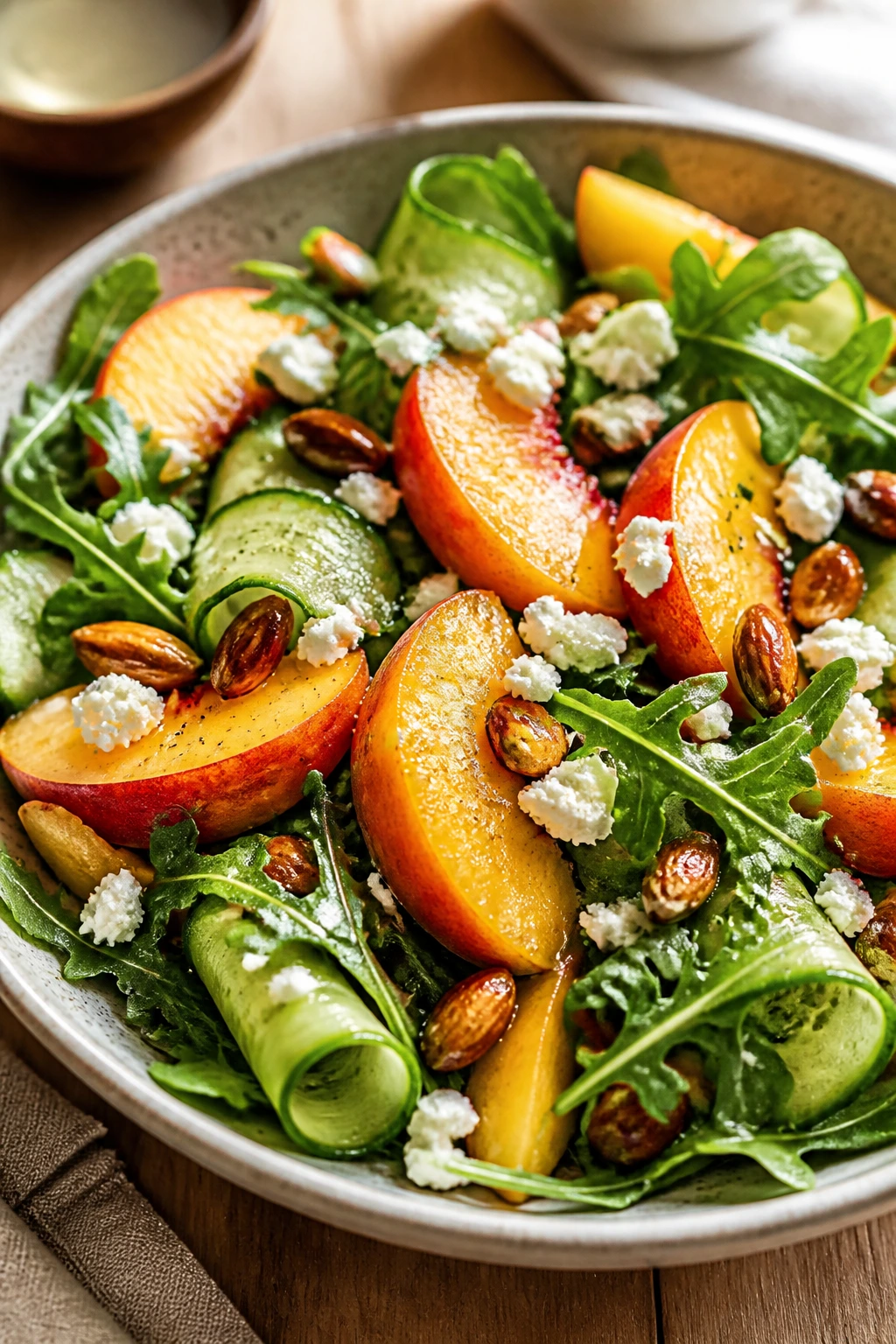 Close-up peach salad with peaches, cucumber, greens, feta and almonds on rustic wood table