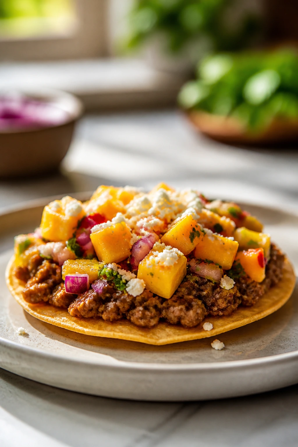Close-up of a peach salsa beef tostada on a plate