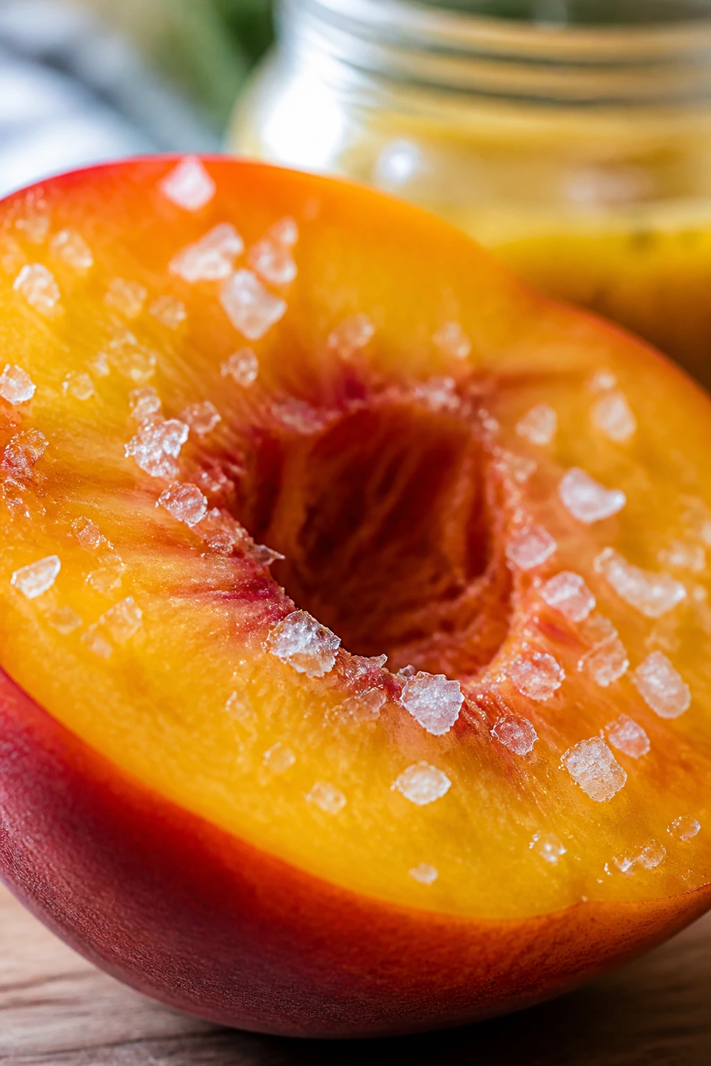 Peach half sprinkled with flaky salt to boost flavor