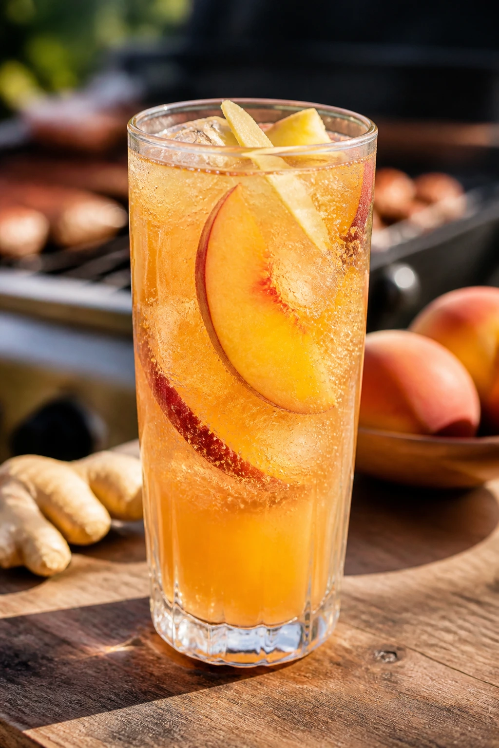 Tall glass of peach ginger shrub soda with peach slices on a sunlit grill-side patio
