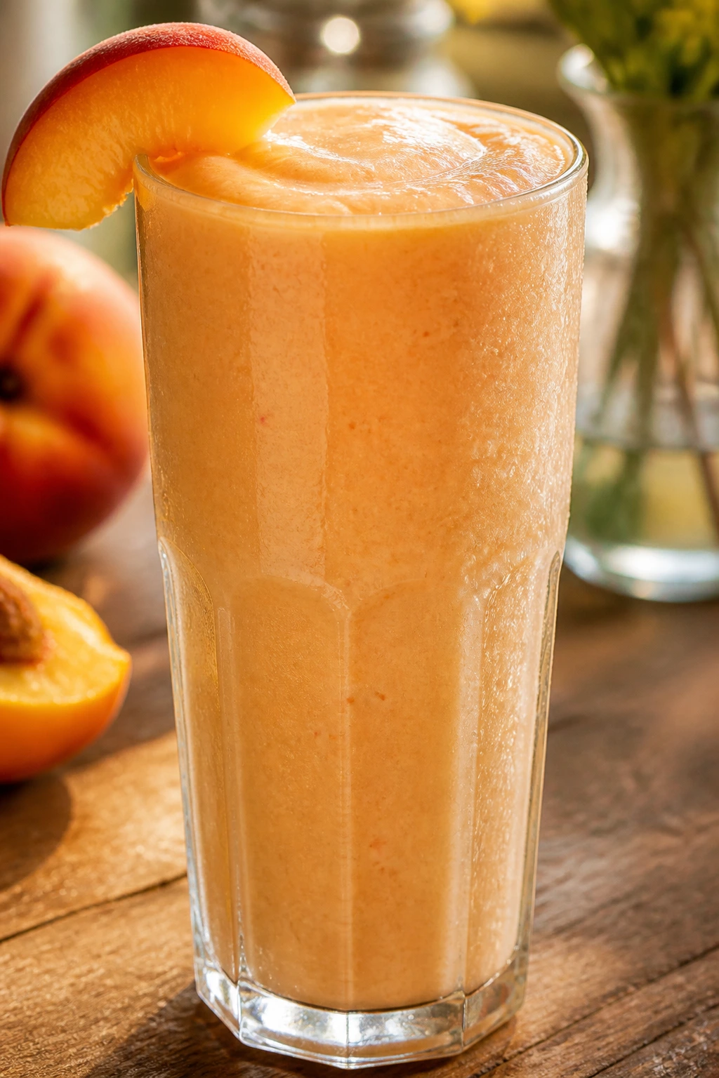 Close-up of a peach smoothie in a tall glass on a wooden kitchen counter with warm light