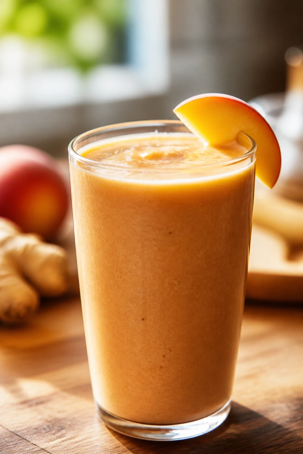 Close-up of thick peach ginger smoothie in glass with peach slice on rim on wooden counter