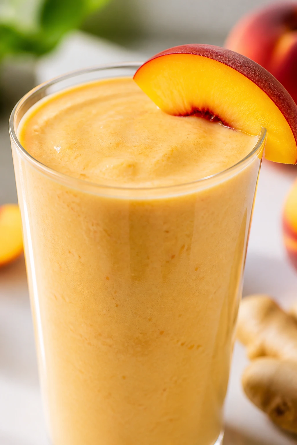 Close-up of peach-colored smoothie in a glass with a peach slice on the rim in a bright kitchen.