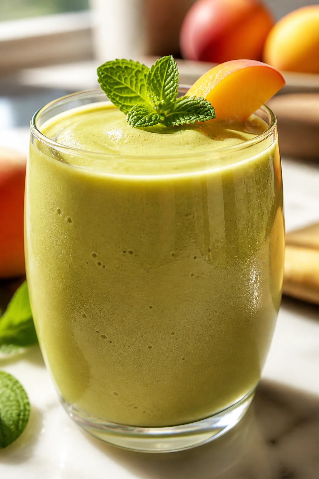Close-up of Peach Matcha Smoothie in a glass on a bright kitchen counter