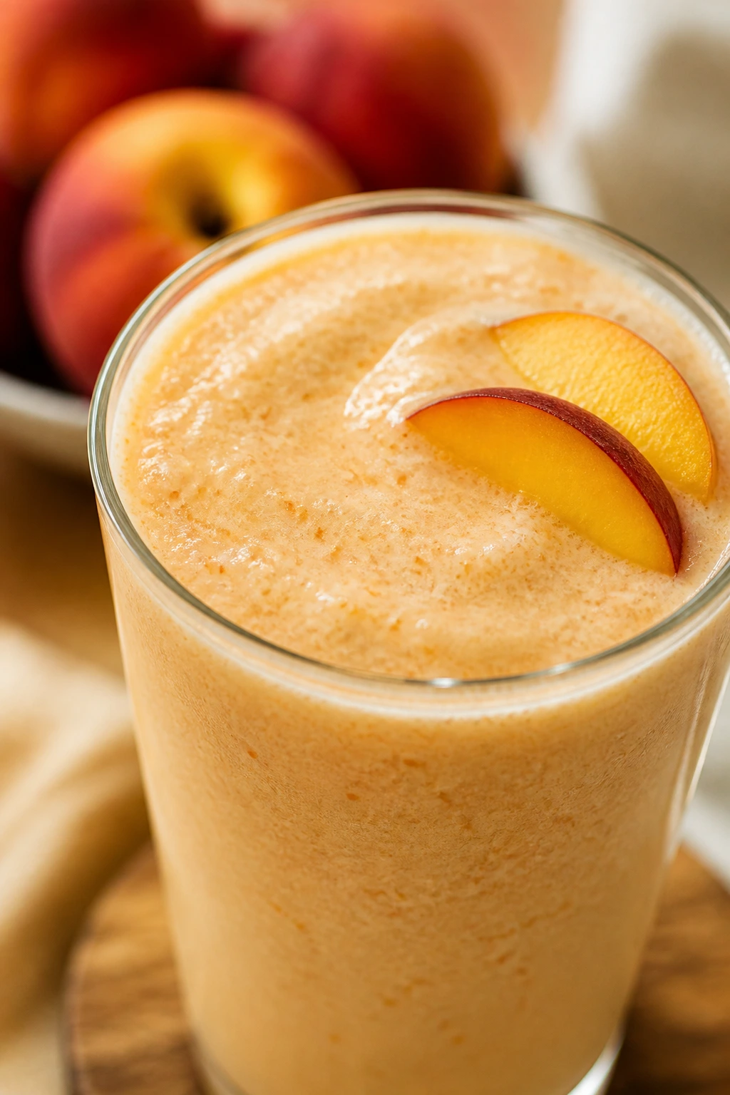 Close-up of Peach Honey Vanilla Smoothie in glass on kitchen counter
