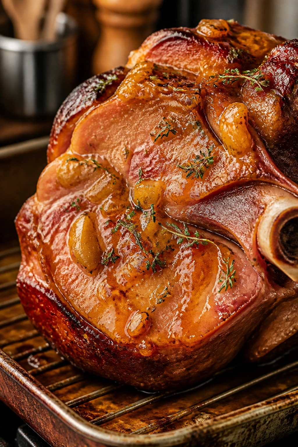 Close-up of peach thyme glaze on roasted ham
