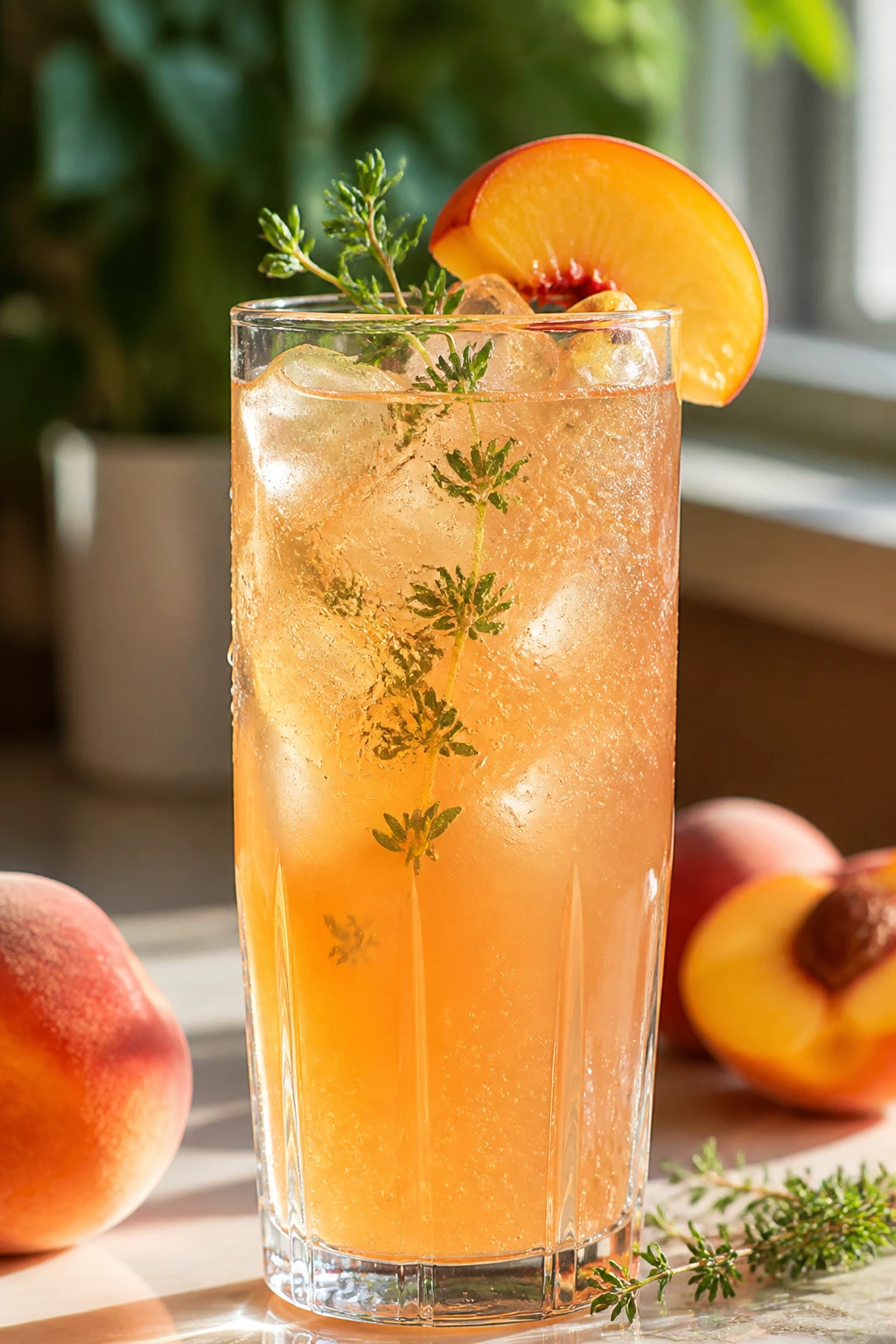Tall glass of Sparkling Peach Thyme Mocktail with peach slice and thyme sprig.