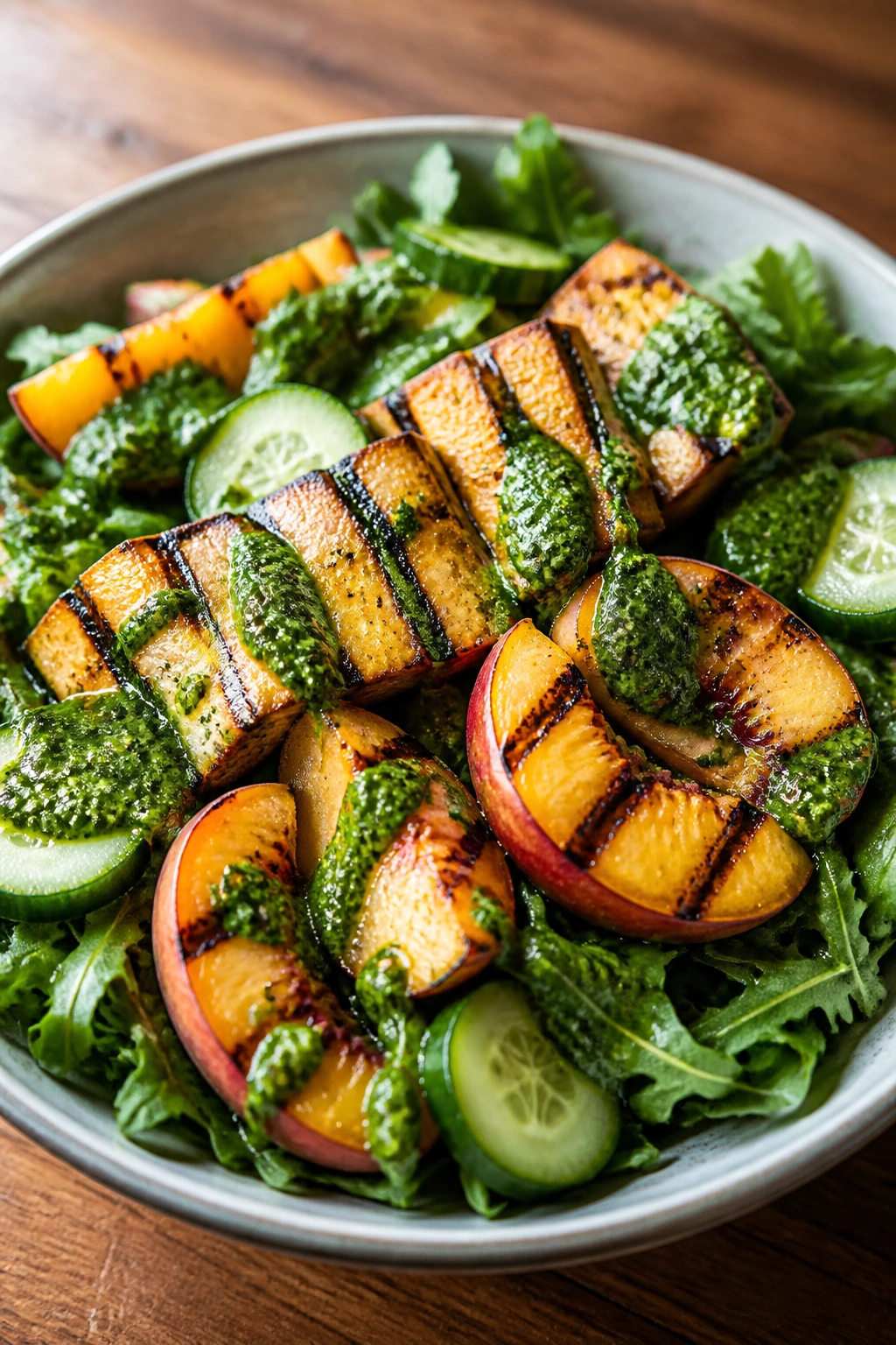 Close-up of grilled peach and tofu salad with arugula and cucumber