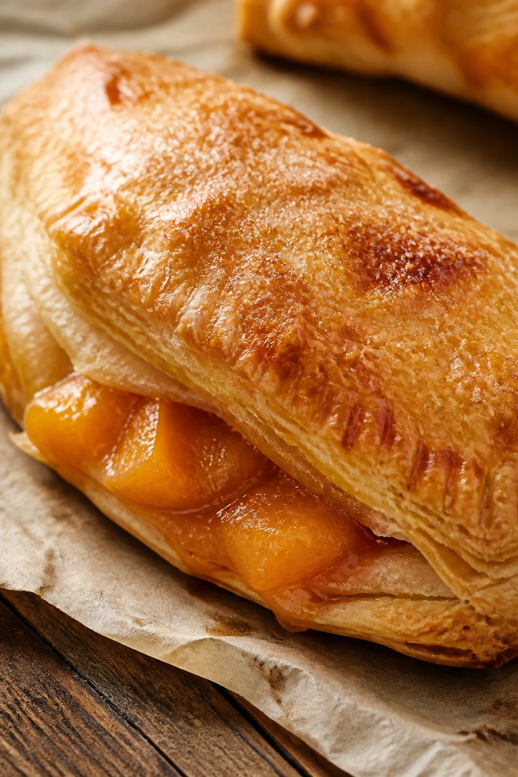 Close-up of a flaky peach turnover with visible peach filling